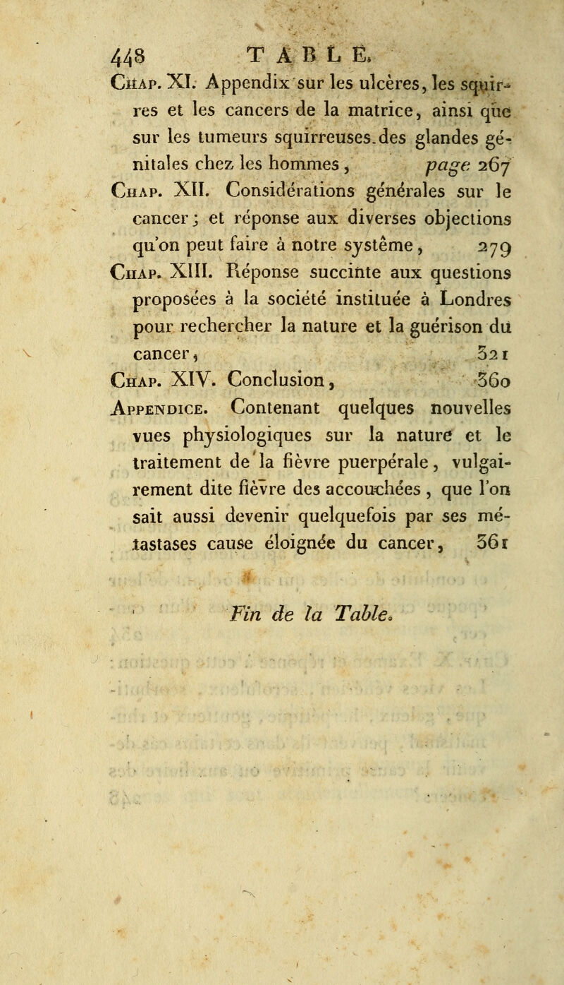 Chap. XL Àppendix sur les ulcères, les sq.uir- res et les cancers de la matrice, ainsi que sur les tumeurs squirreuses.des glandes gé- nitales chez les hommes , Pag?< 267 Chap. Xïï. Considérations générales sur le cancer; et réponse aux diverses objections qu'on peut faire à notre système , 279 Chap. Xlïï. Réponse succinte aux questions proposées à la société instituée à Londres pour rechercher la nature et la guérison du cancer, 521 Chap. XIV. Conclusion, 36o Appendice. Contenant quelques nouvelles vues physiologiques sur la nature et le traitement de la fièvre puerpérale, vulgai- rement dite fièvre des accouchées , que l'on sait aussi devenir quelquefois par ses mé- tastases cause éloignée du cancer, 36r Fin de la Table.