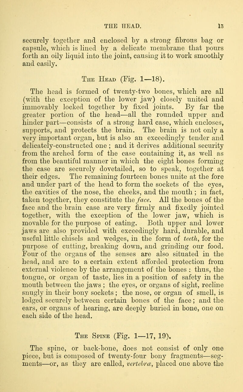 securely together and enclosed by a strong fibrous bag or capsule, which is lined by a delicate membrane that pours forth an oily liquid into the joint, causing it to work smoothly and easily. The Head (Fig. 1—18). The head is formed of twenty-two bones, which are all (with the exception of the lower jaw) closely united and immovably locked together by fixed joints. By far the greater portion of the head—all the rounded upper and hinder part—consists of a strong hard case, which encloses, supports, and protects the brain. The brain is not only a very important organ, but is also an exceedingly tender and delicately-constructed one ; and it derives additional security from the arched form of the case containing it, as well as from the beautiful manner in which the eight bones forming the case are securely dovetailed, so to speak, together at their edges. The remaining fourteen bones unite at the fore and under part of the head to form the sockets of the eyes, the cavities of the nose, the cheeks, and the mouth ; in fact, taken together, they constitute the face. All the bones of the face and the brain case are very firmly and fixedly jointed together, with the exception of the lower jaw, which is movable for the purpose of eating. Both upper and lower jaws are also provided with exceedingly hard, durable, and useful little chisels and wedges, in the form of teeth, for the purpose of cutting, breaking down, and grinding our food. Four of the organs of the senses are also situated in the head, and are to a certain extent afforded protection from external violence by the arrangement of the bones : thus, the tongue, or organ of taste, lies in a position of safety in the mouth between the jaws ; the eyes, or organs of sight, recline snugly in their bony sockets ; the nose, or organ of smell, is lodged securely between certain bones of the face; and the ears, or organs of hearing, are deeply buried in bone, one on each side of the head. The Spine (Fig. 1—17, 19), The spine, or back-bone, does not consist of only one piece, but is composed of twenty-four bony fragments—seg- ments—or, as they are called, vertebra, placed one above the