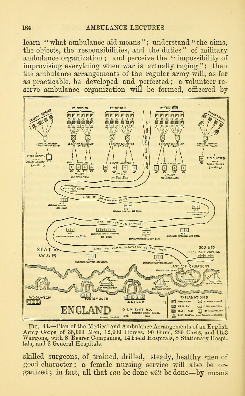 learn what ambulance aid means; understand the aims, the objects, the responsibilities, and the duties of military ambulance organization ; and perceive the  impossibility of improvising everything when war is actually raging ; then the ambulance arrangements of the regular army will, as far as practicable, be developed and perfected ; a volunteer re- serve ambulance organization will be formed, officered by ir DIVISION. ;<VivtsO. RBEBBB EBBEBB til 1:1:1:1 l\ 4/rao Afispmu I \ I *rizio H.':. no Beds Each. too Bees Each EBB EBB i-M:;l:i/i [+1 FIELD HOE Fig. 44.—Plan of the Medical and Ambulance Arrangements of an English Army Corps of 36,000 Men, 12,900 Horses, 90 Guns, 280 Carts, and 1153 Waggons, with 8 Bearer Companies, 14 Field Hospitals, 8 Stationary Hospi- tals, and 2 General Hospitals. skilled surgeons, of trained, drilled, steady, healthy men of good character; a female nursing service will also be or- ganized ; in fact, all that can be done will be done—by means