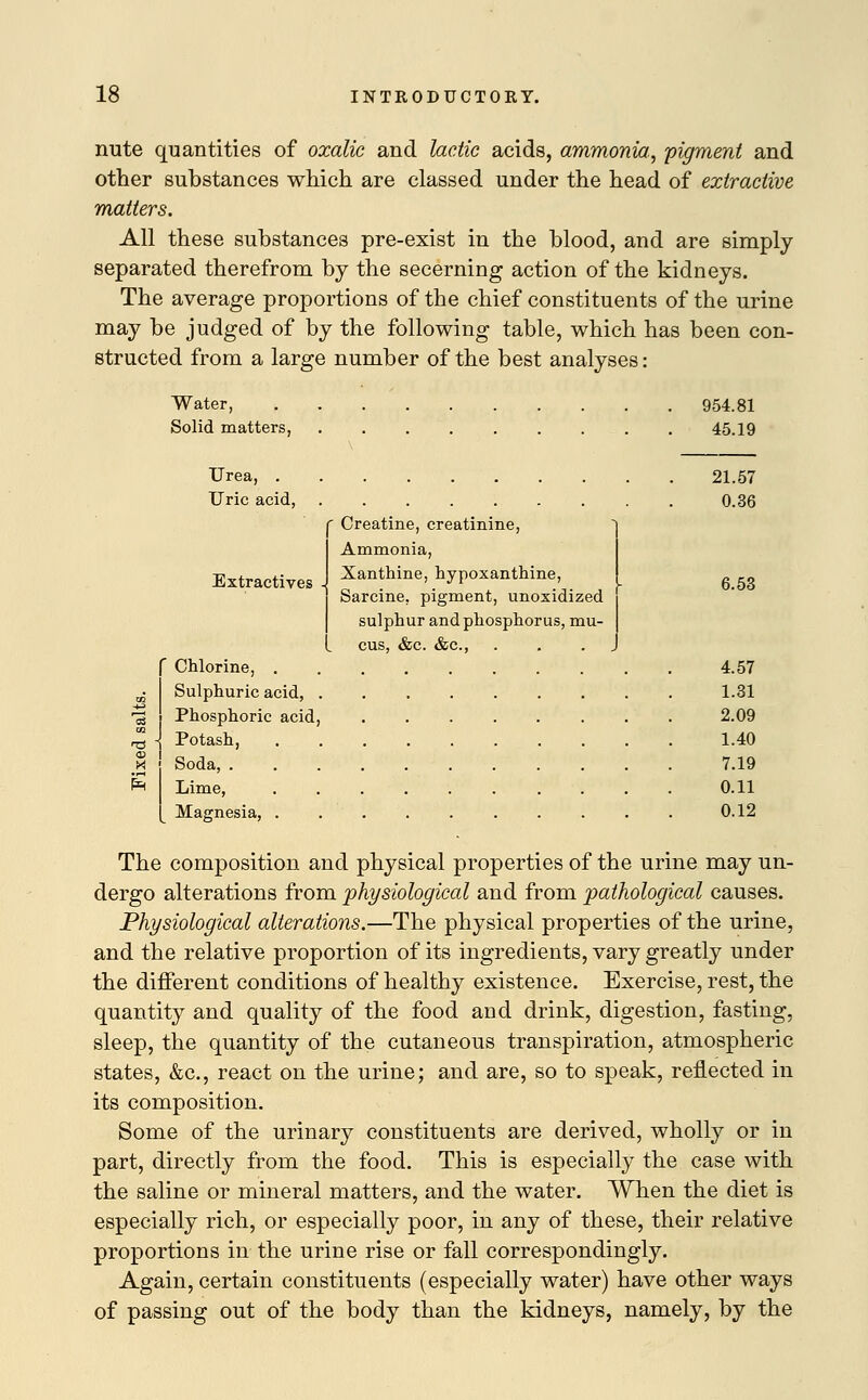 mite quantities of oxalic and lactic acids, ammonia., pigment and other substances which are classed under the head of extractive matters. All these substances pre-exist in the blood, and are simply- separated therefrom by the secerning action of the kidneys. The average proportions of the chief constituents of the urine may be judged of by the following table, which has been con- structed from a large number of the best analyses: Water, Solid matters, Urea, . Uric acid, Extractives ' Creatine, creatinine, Ammonia, Xanthine, hypoxanthine, Sarcine. pigment, unoxidized sulphur and phosphorus, mu- cus, &c. &c, r ^ Chlorine, . Sulphuric acid, . Phosphoric acid, Potash, Soda, . Lime, Magnesia, . 954.81 45.19 21.57 0.36 6.53 4.57 1.31 2.09 1.40 7.19 0.11 0.12 The composition and physical properties of the urine may un- dergo alterations from physiological and from pathological causes. Physiological alterations.—The physical properties of the urine, and the relative proportion of its ingredients, vary greatly under the different conditions of healthy existence. Exercise, rest, the quantity and quality of the food and drink, digestion, fasting, sleep, the quantity of the cutaneous transpiration, atmospheric states, &c, react on the urine; and are, so to speak, reflected in its composition. Some of the urinary constituents are derived, wholly or in part, directly from the food. This is especially the case with the saline or mineral matters, and the water. When the diet is especially rich, or especially poor, in any of these, their relative proportions in the urine rise or fall correspondingly. Again, certain constituents (especially water) have other ways of passing out of the body than the kidneys, namely, by the