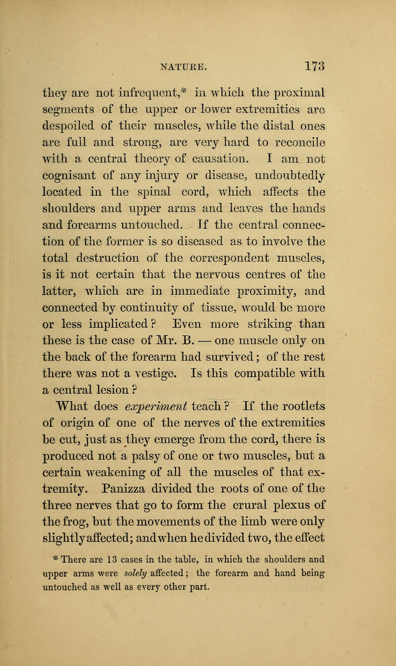 they are not infrequent,* in wMcli the proximal segments of the upper or lower extremities are despoiled of their muscles, while the distal ones are full and strong, are very hard to reconcile with a central theory of causation. I am not cognisant of any injury or disease, undoubtedly located in the spinal cord, which affects the shoulders and upper arms and leayes the hands and forearms untouched. If the central connec- tion of the former is so diseased as to involve the total destruction of the correspondent muscles, is it not certain that the nervous centres of the latter, which are in immediate proximity, and connected by continuity of tissue, would be more or less implicated? Even more striking than these is the case of Mr. B. — one muscle only on the back of the forearm had survived; of the rest there was not a vestige. Is this compatible with a central lesion ? What does experime^it teach ? If the rootlets of origin of one of the nerves of the extremities be cut, just as they emerge from the cordj, there is produced not a palsy of one or two muscles, but a certain weakening of all the muscles of that ex- tremity. Panizza divided the roots of one of the three nerves that go to form the crural plexus of the frog, but the movements of the limb were only slightly affected; and when he divided two, the effect * There are 13 cases in the table, in which the shoulders and upper arms were solely affected; the forearm and hand being untouched as well as every other part.