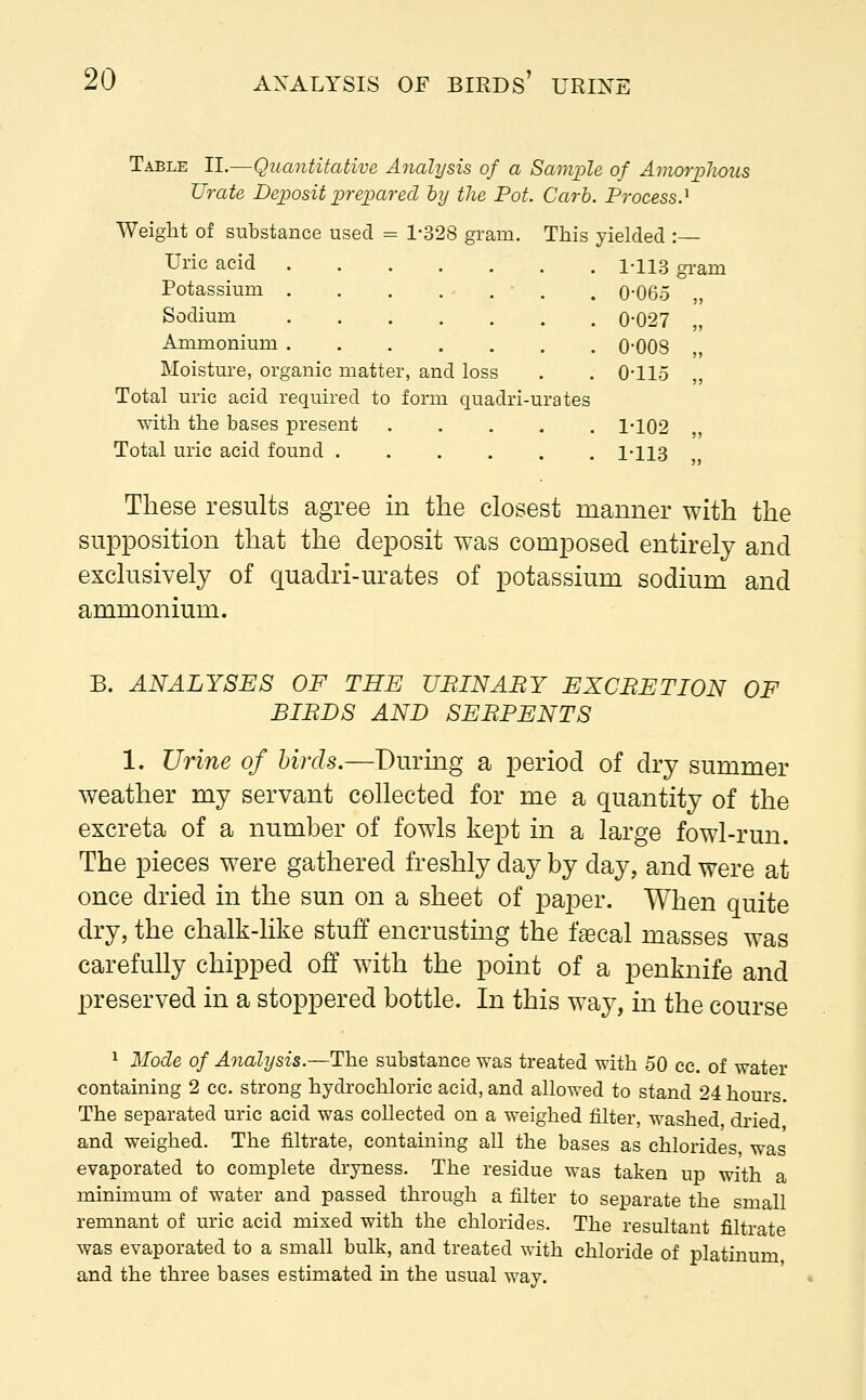 Table IL—Quantitative Analysis of a Sample of Amorphous Urate Deposit prepared by the Pot Carb. Process.* Weight of substance used = 1-328 gram. This yielded :— Uric acid 1-113 g^m Potassium 0-065 „ Sodium 0-027 Ammonium 0-008 Moisture, organic matter, and loss . . 0-115 Total uric acid required to form quadri-urates with the bases present 1-102 Total uric acid found 1-113 These results agree in the closest manner with the supposition that the deposit was composed entirely and exclusively of quadri-urates of potassium sodium and ammonium. B. ANALYSES OF THE UBINABY EXCBETION OF BIBDS AND SEBPENTS 1. Urine of birds.—During a period of dry summer weather my servant collected for me a quantity of the excreta of a number of fowls kept in a large fowl-run. The pieces were gathered freshly day by day, and were at once dried in the sun on a sheet of paper. When quite dry, the chalk-like stuff encrusting the faecal masses was carefully chipped off with the point of a penknife and preserved in a stoppered bottle. In this way, in the course 1 Mode of Analysis.—The substance was treated with 50 ec. of water containing 2 cc. strong hydrochloric acid, and allowed to stand 24 hours. The separated uric acid was collected on a weighed filter, washed dried and weighed. The filtrate, containing all the bases as chlorides, was evaporated to complete dryness. The residue was taken up with a minimum of water and passed through a filter to separate the small remnant of uric acid mixed with the chlorides. The resultant filtrate was evaporated to a small bulk, and treated with chloride of platinum and the three bases estimated in the usual way.