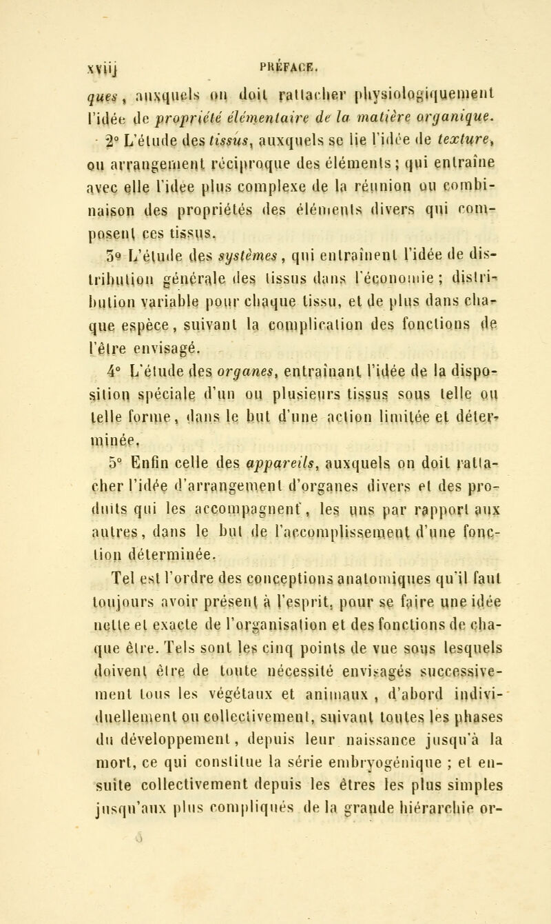 ques ^ auxquels oii doit raUacher physiologiquement l'idée de propriété élémentaire de la matière organique. 2° L'élude des tissus^ auxquels se lie l'idée de texture, ou avrangenieut réciproque des élémenls; qui entraîne avec elle l'idée plus complexe de la réunion ou combi- naison des propriétés des éléments divers qui non\- posenl ces tiàsits. 3^ L'élude des systèmes, qui entraînent l'idée de dis- Irihulion générale des lissns dans Téconoinie ; distri- bution variable pour cbaque tissu, et de plus dans clia^ que espèce, suivant la complication des fonctions de l'elre envisagé. 4° L'élude des organes, entraînant l'idée de la dispo- sition spéciale d'un ou plusieurs tissus sous telle ou telle forme, dans le but d'une aclion limitée et déler^ minée, 5** Enfin celle des appareils, auxquels on doit ratla- cher l'idée d'arrangement d'organes divers el des pro- duits qui les accompagnent', les uns par rapport aux autres, dans le bul de l'accomplissement d'une fonc- tion déterminée. Tel est l'ordre des conceptions anatomiques qu'il faut toujours avoir présent à l'esprit, pour se faire une idée udlle el exacte de l'organisation et des fonctions de cha- que être. Tels sont jes cinq points de vue sous lesquels doivent être de tonte nécessité envi:>agés successive- ment tous les végétaux et animaux , d'abord indivi- duellement ou collectivement, suivant toutes les phases du développement, depuis leur naissance jusqu'à la mort, ce qui constitue la série embryogéiiique ; et en- suite collectivement depuis les êtres les plus simples jusqu'aux plus compliqués de la grande hiérarchie or-