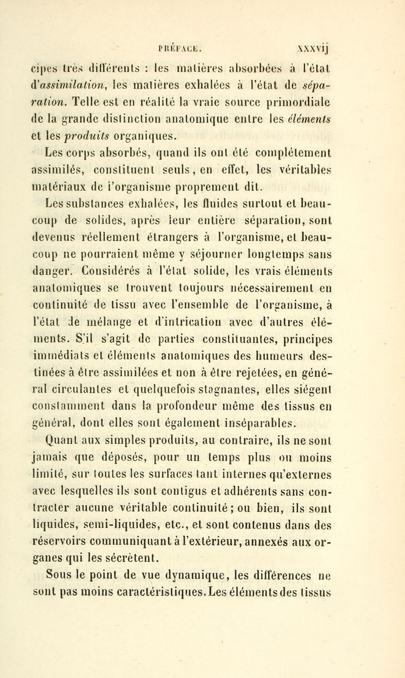 priu'acl:. XXX vij cipcs très dillérenls : les nialières absorbées à rélal d'assimilation, les matières exhalées à l'état de sépa- ration. Teile est en réalité la vraie source primordiale de la grande dis!inotion analomique entre les éléments et les produits organiques. Les corps absorbés, quand ils ont été complètement assimilés, constituent seuls, en effet, les véritables matériaux de l'organisme proprement dit. Les substances exhalées, les fluides surtout et beau- coup de solides, après leur entière séparation, sont devenus réellement étrangers à l'organisme, et beau- coup ne pourraient même y séjourner longtemps sans danger. Considérés à l'état solide, les vrais éléments anatomiques se trouvent toujours nécessairement en continuité de tissu avec l'ensemble de l'organisme, à l'état de mélange et d'intrication avec d'autres élé- ments. S'il s'agit de parties constituantes, principes immédiats et éléments anatomiques des humeurs des- tinées à être assimilées et non à être rejetées, en géné- ral circulantes et quelquefois stagnantes, elles siègent constamment dans la profondeur même des tissus en général, dont elles sont également inséparables. Quant aux simples produits, au contraire, ils ne sont jamais que déposés, pour un temps plus ou moins limité, sur toutes les surfaces tant internes qu'externes avec lesquelles ils sont contigus et adhérents sans con- tracter aucune véritable continuité; ou bien, ils sont liquides, semi-liquides, etc., et sont contenus dans des réservoirs communiquant à l'extérieur, annexés aux or- ganes qui les sécrètent. Sous le point de vue dynamique, les différences ne sont pas moins caractéristiques. Les éléments des tissus