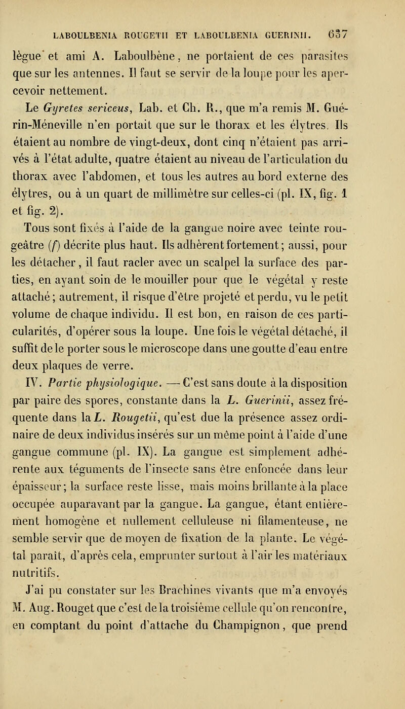 lègue'et ami A. Laboulbène, ne portaient de ces parasites que sur les antennes. Il faut se servir de la loupe pour les aper- cevoir nettement. Le Gyretes sericeus, Lab. et Ch. R., que m'a remis M. Gué- rin-Méneville n'en portait que sur le thorax et les élytres. Ils étaient au nombre de vingt-deux, dont cinq n'étaient pas arri- vés à l'état adulte, quatre étaient au niveau de l'articulation du thorax avec l'abdomen, et tous les autres au bord externe des élytres, ou à un quart de millimètre sur celles-ci (pi. IX, fig. 1 etfig. 2). Tous sont fixés à l'aide de la gangue noire avec teinte rou- geâtre (/) décrite plus haut. Ils adhèrent fortement; aussi, pour les détacher, il faut racler avec un scalpel la surface des par- ties, en ayant soin de le mouiller pour que le végétal y reste attaché ; autrement, il risque d'être projeté et perdu, vu le petit volume de chaque individu. Il est bon, en raison de ces parti- cularités, d'opérer sous la loupe. Une fois le végétal détaché, il suffit de le porter sous le microscope dans une goutte d'eau entre deux plaques de verre. IV. Partie physiologique. —C'est sans doute à la disposition par paire des spores, constante dans la L. Guerinii, assez fré- quente dans la L. Rougetii, qu'est due la présence assez ordi- naire de deux individus insérés sur un même point à l'aide d'une gangue commune (pi. IX). La gangue est simplement adhé- rente aux téguments de l'insecte sans être enfoncée dans leur épaisseur; la surface reste lisse, mais moins brillante à la place occupée auparavant par la gangue. La gangue, étant entière- ment homogène et nullement celluleuse ni filamenteuse, ne semble servir que de moyen de fixation de la plante. Le végé- tal paraît, d'après cela, emprunter surtout à l'air les matériaux nutritifs. J'ai pu constater sur les Brachines vivants que m'a envoyés M. Aug. Rouget que c'est delà troisième cellule qu'on rencontre, en comptant du point d'attache du Champignon, que prend