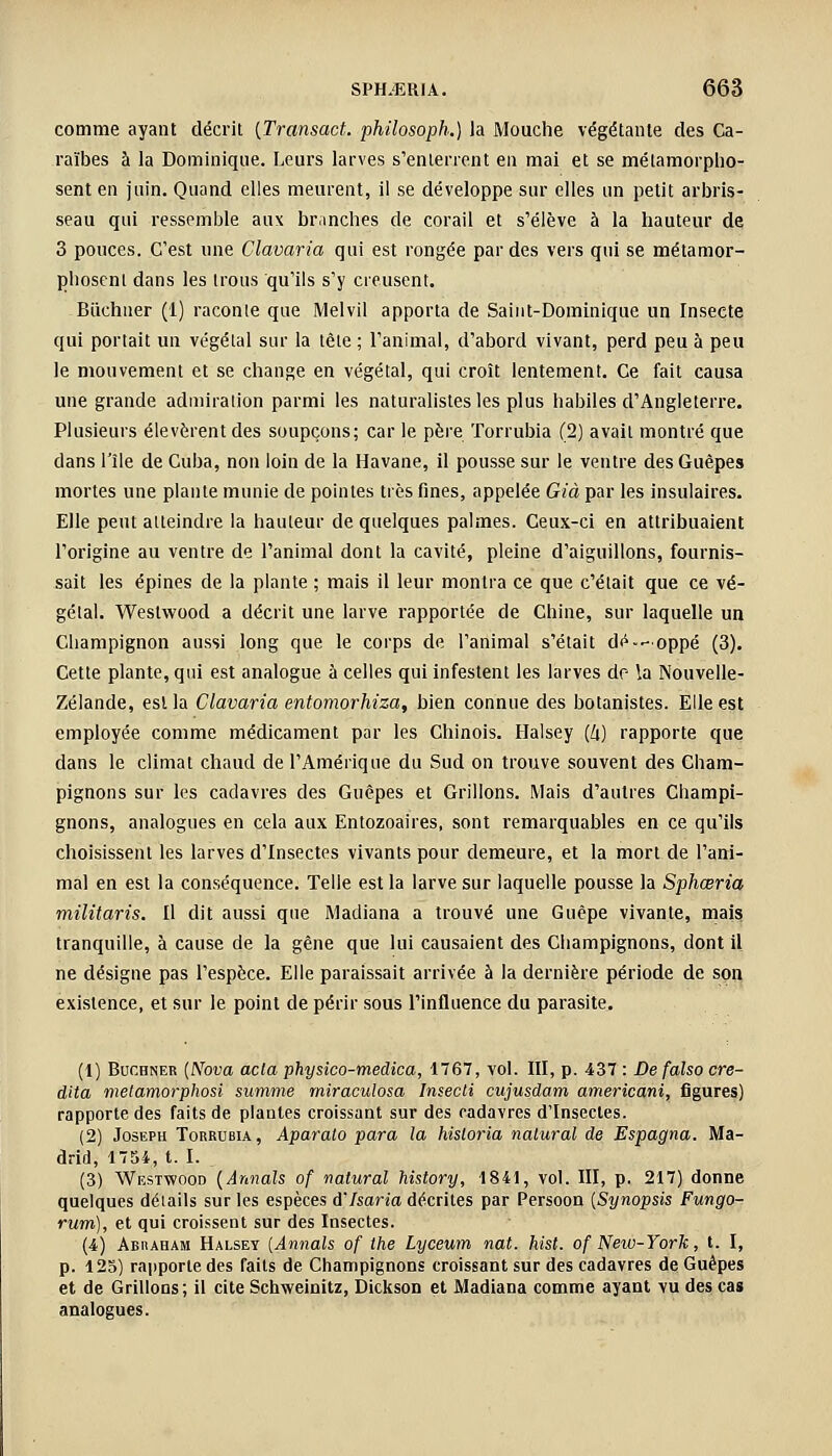 comme ayant décrit {Transact. philosoph.) la Mouche végétante des Ca- raïbes à la Dominique. Leurs larves s'enterrent en mai et se métamorpho- sent en juin. Quand elles meurent, il se développe sur elles un petit arbris- seau qui ressemble aux branches de corail et s'élève à la hauteur de 3 pouces. C'est une Clavaria qui est rongée par des vers qui se métamor- phosent dans les trous qu'ils s'y creusent. Biichner (1) raconte que Melvil apporta de Saint-Dominique un Insecte qui portait un végétal sur la tète ; l'animal, d'abord vivant, perd peu à peu le mouvement et se change en végétal, qui croît lentement. Ce fait causa une grande admiration parmi les naturalistes les plus habiles d'Angleterre. Plusieurs élevèrent des soupçons; car le père Torrubia (2) avait montré que dans l'île de Cuba, non loin de la Havane, il pousse sur le ventre des Guêpes mortes une plante munie de pointes très fines, appelée Già par les insulaires. Elle peut atteindre la hauteur de quelques palmes. Ceux-ci en attribuaient l'origine au ventre de l'animal dont la cavité, pleine d'aiguillons, fournis- sait les épines de la plante ; mais il leur montra ce que c'était que ce vé- gétal. Westwood a décrit une larve rapportée de Chine, sur laquelle un Champignon aussi long que le corps de l'animal s'était dé.-oppé (3). Cette plante, qui est analogue à celles qui infestent les larves de la Nouvelle- Zélande, est la Clavaria entomorhiza, bien connue des botanistes. Elle est employée comme médicament par les Chinois. Halsey (Zi) rapporte que dans le climat chaud de l'Amérique du Sud on trouve souvent des Cham- pignons sur les cadavres des Guêpes et Grillons. Mais d'autres Champi- gnons, analogues en cela aux Entozoaires, sont remarquables en ce qu'ils choisissent les larves d'Insectes vivants pour demeure, et la mort de l'ani- mal en est la conséquence. Telle est la larve sur laquelle pousse la Sphœria militaris. Il dit aussi que Madiana a trouvé une Guêpe vivante, mais tranquille, à cause de la gène que lui causaient des Champignons, dont il ne désigne pas l'espèce. Elle paraissait arrivée à la dernière période de son existence, et sur le point de périr sous l'influence du parasite. (1) Buchner (Nova acta physico-medica, 1767, vol. III, p. 437 : De falso cré- dita melamorphosi summe rniraculosa Insecti cujusdam americani, figures) rapporte des faits de plantes croissant sur des cadavres d'Insectes. (2) Joseph Torrubia, Aparato para la historia nalural de Espagna. Ma- drid, 1754, t. I. (3) Westwood (Annals of natural history, 1841, vol. III, p. 217) donne quelques détails sur les espèces d'Jsaria décrites par Persoon [Synopsis Fungo- rum), et qui croissent sur des Insectes. (4) Abiiaham Halsey {Annals of the Lyceum nat. hist. of New-York, t. I, p. 125) rapporte des faits de Champignons croissant sur des cadavres de Guêpes et de Grillons; il cite Schweinitz, Dickson et Madiana comme ayant vu des cas analogues.