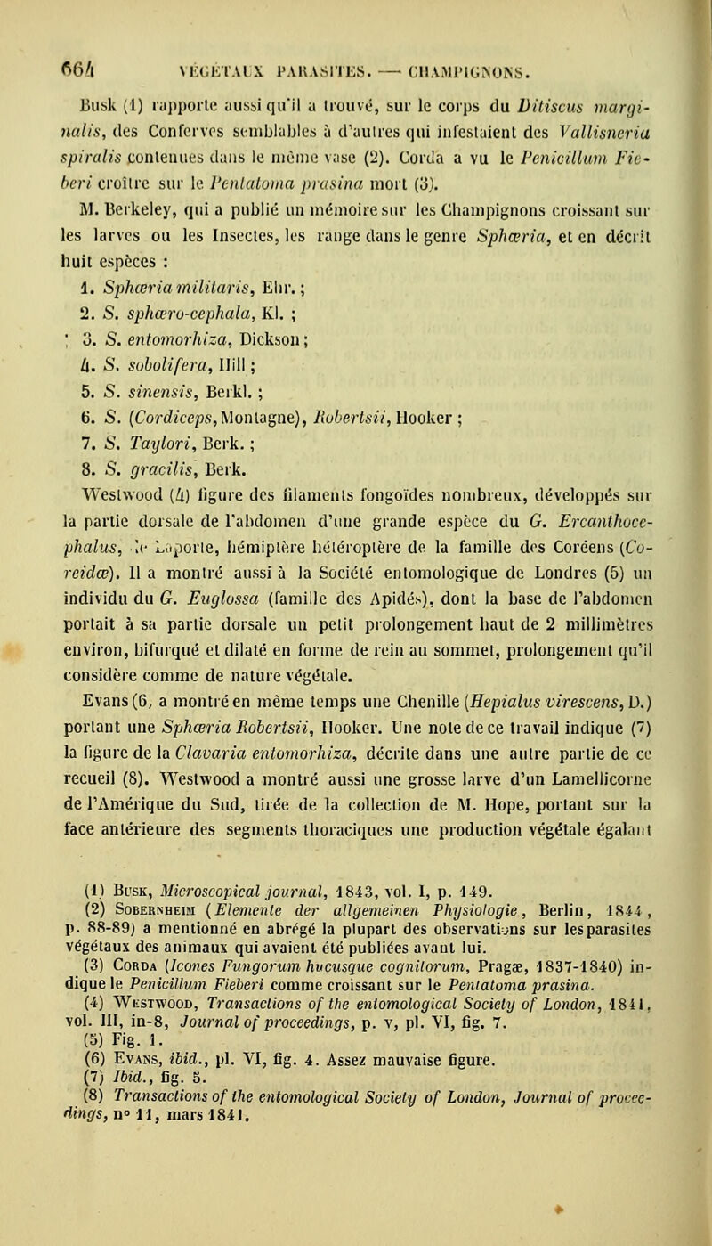 Busk (1) rapporte aussi qu'il a trouvé, sur le corps du Ditiscus margi- nalis, des Confervrs semblables à d'autres qui infestaient des Vallisneria spiralis contenues dans le même vase (2). Corda a vu le Penicillum Fie- beri croître sur le Pentatoma prasina mort {'à). M. Berkeley, qui a publié un mémoire sur les Champignons croissant sur les larves ou les Insectes, les range dans le genre Sphœria, et en décrit huit espèces : 1. Sphœria miiitaris, Ehr. ; 2. S. sphœro-cephala, Kl. ; ; 3. S. entomorhiza, Dickson ; tx. S. sobolifera, Ilill ; 5. S. sinensis, Berkl. ; 6. S. (Cordiceps, Montagne), Robertsiï, Hooker ; 7. S. Taylori, Berk. ; 8. S. gracilis, Berk. Weslwood (Zi) ligure des filaments fongoïdes nombreux, développés sur la partie dorsale de l'abdomen d'une grande espèce du G. Ercantkoce- phalus, a- Laporte, hémiplère héléroptère de la famille des Coréens (Co- reidœ). 11 a montré aussi à la Société entomologique de Londres (5) un individu du G. Euglossa (famille des Apidés), dont la base de l'abdomen portait à sa partie dorsale un petit prolongement haut de 2 millimètres environ, bifurqué et dilaté en forme de rein au sommet, prolongement qu'il considère comme de nature végétale. Evans (6, a montré en même temps une Chenille [Hepialus virescens,D.) portant une Sphœria Robertsii, Hooker. Une note de ce travail indique (7) la figure de la Clavaria entomorhiza, décrite dans une autre partie de ce recueil (8). Westwood a montré aussi une grosse larve d'un Lamellicorne de l'Amérique du Sud, tirée de la collection de M. Hope, portant sur la face antérieure des segments thoraciques une production végétale égalant (1) Busk, Microscopical journal, 1843, vol. 1, p. 149. (2) Sobernheim (Elemetite der allgemeinen Physiologie, Berlin, 1844, p. 88-89) a mentionné en abrogé la plupart des observations sur les parasites végétaux des animaux qui avaient été publiées avaut lui. (3) Corda (Icônes Fungorum hveusque cognitorum, Pragœ, 1837-1840) in- dique le Penicillum Fieberi comme croissant sur le Pentatoma prasina. (4) Wkstwood, Transactions of the enlomological Society of London, 1841, vol. III, in-8, Journal of proceedings, p. v, pi. VI, fig. 7. (5) Fig. 1. (6) Evans, ibid., pl. VI, fig. 4. Assez mauvaise figure. (7) Ibid., fig. 5. (8) Transactions of the entomological Society of London, Journal of procee- dings, n» 11, mars 1841.