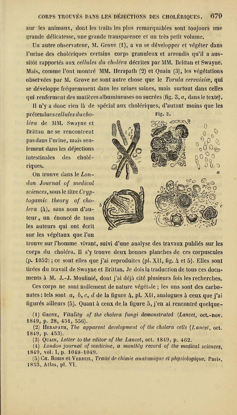 Fig. 3. sur les animaux, dont les traits les plus remarquables sont toujours une grande délicatesse, une grande transparence et un très petit volume. Un autre observateur, M. Grove (1), a vu se développer et végéter dans l'urine des cholériques certains corps granuleux et arrondis qu'il a aus- sitôt rapportés aux cellules du choléra décrites par MM. Brittan et Swayne. Mais, comme l'ont montré MM. Herapath (2) et Quain (3), les végétations observées par M. Grove ne sont autre chose que le Torula cerevisiœ, qui se développe fréquemment dans les urines saines, mais surtout dans celles qui renferment des matières albumineuses ou sucrées (fig. 3, a, dans le texte). Il n'y a donc rien là de spécial aux cholériques, d'autant moins que les pré tendues cellules ducho- léra de MM. Swayne et Brittan ne se rencontrent pas dans l'urine, mais seu- lement dans les déjections intestinales des cholé- riques. On trouve dans le Lon- don Journal of médical sciences, sous le litre Cryp- togamic theory of cho- iera (k), sans nom d'au- teur , un énoncé de tous les auteurs qui ont écrit sur les végétaux que l'on trouve sur l'homme vivant, suivi d'une analyse des travaux publiés sur les corps du choléra. Il s'y trouve deux bonnes planches de ces corpuscules (p. 1052) ; ce sont elles que j'ai reproduites (pi. XII, fig. h et 5). Elles sont tirées du travail de Swayne et Brittan. Je dois la traduction de tous ces docu- ments à M. J.-J. Moulinié, dont j'ai déjà cité plusieurs fois les recherches. Ces corps ne sont nullement dénature végétale; les uns sont des carbo- nates : tels sont a, b, c, d de la figure k, pi. XII, analogues à ceux que j'ai figurés ailleurs (5). Quant à ceux de la figure 5, j'en ai rencontré quelque- (1) Grove, Vitality of the choiera fungi demonslrated {Lancet, oct.-nov. 1849, p. 28, 451, S56). (2) Herapath, The apparent development of the choiera cells (Lancet, oct. 1849, p. 453). (3) Quain, Letter lo the edilor of the Lancet, oct. 1849, p. 462. (4) London journal ofmedicine, a monthly record of the médical sciences, 1849, vol. I, p. 1048-1049. (5)Ch. Robin et Verdeil, Traité de chimie anatomique et physiologique. Paris, 1853, Atlas, pi. VI,