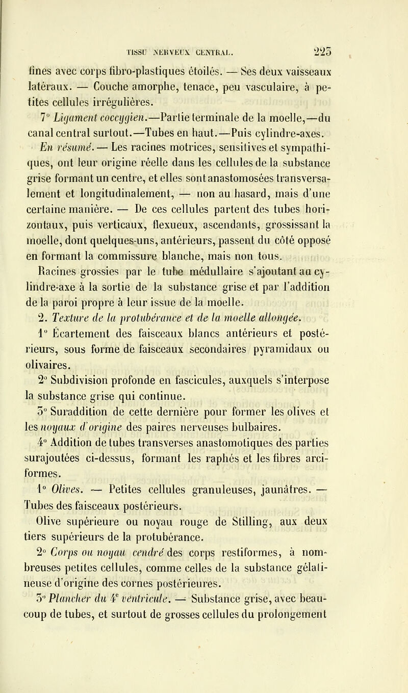 fines a\ec corps fibro-plastiques étoiles. — Ses deux vaisseaux latéraux. — Couche amorphe, tenace, peu vasculaire, à pe- tites cellules irrégulières. 7° Ligament coccygien.—Partie terminale de la moelle,—du canal central surtout.—Tubes en haut.—Puis cylindre-axes. Eîi résumé. — Les racines motrices, sensitives et sympathi- ques, ont leur origine réelle dans les cellules de la substance grise formant un centre, et elles sont anastomosées transversa- lement et longitudinalement, — non au hasard, mais d'une certaine manière. — De ces cellules partent des tubes hori- zontaux, puis verticaux, flexueux, ascendants, grossissant la moelle, dont quelques-uns, antérieurs, passent du côté opposé en formant la commissure blanche, mais non tous. Racines grossies par le tube médullaire s'ajoutant au cy- lindre-axe à la sortie de la substance grise et par l'addition de la paroi propre à leur issue de la moelle. 2. Texture de la protubérance et de la moelle allongée. 1 Écartement des faisceaux blancs antérieurs et posté- rieurs, sous forme de faisceaux secondaires pyramidaux ou olivaires. 2 Subdivision profonde en fascicules, auxquels s'interpose la substance grise qui continue. 0 Suraddition de cette dernière pour former les olives et les noijaux d'origine des paires nerveuses bulbaires. 4 Addition de tubes transverses anastomotiques des parties surajoutées ci-dessus, formant les raphés et les fibres arci- formes. 1° Olives. — Petites cellules granuleuses, jaunâtres. — Tubes des faisceaux postérieurs. Olive supérieure ou noyau rouge de Stilling, aux deux tiers supérieurs de la protubérance. 2° Corps ou noyait cendré des corps restiformes, à nom- breuses petites cellules, comme celles de la substance gélati- neuse d'origine des cornes postérieures. 3 Plancher du 4*^ ventricule. —^ Substance grise, avec beau- coup de tubes, et surtout de grosses cellules du prolongement