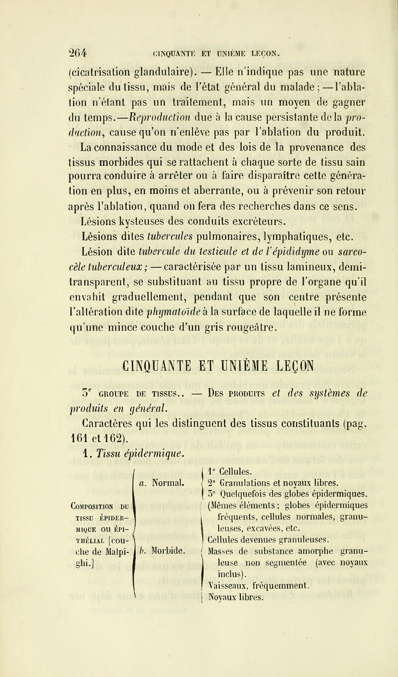 (cicatrisation glandulaire). — Elle n'indique pas une nature spéciale du tissu, mais de l'état général du malade;—l'abla- tion n'étant pas un traitement, mais un moyen de gagner du temps.—Reproduction due à la cause persistante delà pro- duction, cause qu'on n'enlève pas par l'ablation du produit. La connaissance du mode et des lois de la provenance des tissus morbides qui se rattachent à chaque sorte de tissu sain pourra conduire à arrêter ou à faire disparaître cette généra- tion en plus, en moins et aberrante, ou à prévenir son retour après l'ablation, quand on fera des recherches dans ce sens. Lésions kysteuses des conduits excréteurs. Lésions dites tubercules pulmonaires, lymphatiques, etc. Lésion dite tubercule du testicule et de répididyme ou sarco- cèle tuberculeux ; —caractérisée par un tissu lamineux, demi- transparent, se substituant au tissu propre de l'organe qu'il envahit graduellement, pendant que son centre présente l'altération dite pliymatoidek la surface de laquelle il ne forme qu'une mince couche d'un gris rougeâtre. CINQUANTE ET UNIÈME LEÇON O GROUPE DE TISSUS.. — produits en général. Caractères qui les distin. 161 et 162). 1. Tissu épidermique. Composition du tissu épider- MIQUE ou ÉPI- THÉLIAL [cou- che de Malpi- ghi.l a. Normal. b. Morbide. Des produits et des systèmes de juent des tissus constituants (pag. 1° Cellules. 2° Granulations et noyaux libres. 5° Quelquefois des globes épidermiques. (Mêmes éléments ; globes épidermiques fréquents, cellules normales, granu- leuses, excavées, etc. Cellules devenues granuleuses. Masses de substance amorphe granu- leuse non segmentée (avec noyaux inclus). Vaisseaux, fréquemment. Noyaux libres.