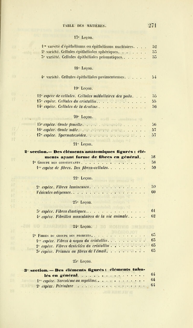 17« Leçon. 1 variété d'épithéliums ou épithéliums nucléaires. ... 52 2° variété. Cellules épithéliales sphériques 53 3= variété. Cellules épithéliales prismatiques 53 18= Leçon. 4'variété. Cellules épithéliales pavimenteuses 54 19 Leçon. \'i''espèce de cellules. Cellules médullaires des poils. ... 55 X'ô espèce. Cellules du cristallin 55 \¥ espèce. Cellules de la dentine 56 20'= Leçon. \^^ espèce. Ovule femelle 56 16= espèce. Ovule mâle. 57 17= espèce. Spermatozoïdes 57 21'= Leçon. 'i section.— Des éléments anatomiques figurés : élé- ments ajant forme de fibres en g^énéral. . 58 !• Groupe des cokstituants 58 1^= espèce de fibres. Des fibres-cellules 59 22'= Leçon. 2»= espèce. Fibres lamineuses 59 Vésicules adipeuses 60 25= Leçon. S espèce. Fibres élastiques 61 4= espèce. Fibrilles musculaires de la vie animale 62 24* Leçon. 2° Fibres du groupe des produits oo l espèce. Fibres à noyau du cristallin . 63 2'= espèce. Fibres dentelées du cristallin 65 3« espèce. Prismes ou fibres de l'émail • 05 25'= Leçon. 3'= section. — Des éléments figurés ; éléments tubu- lés en général 64 V espèce. Sarcolème ou myolème 64 2'= espèce. Périnèvre ,64