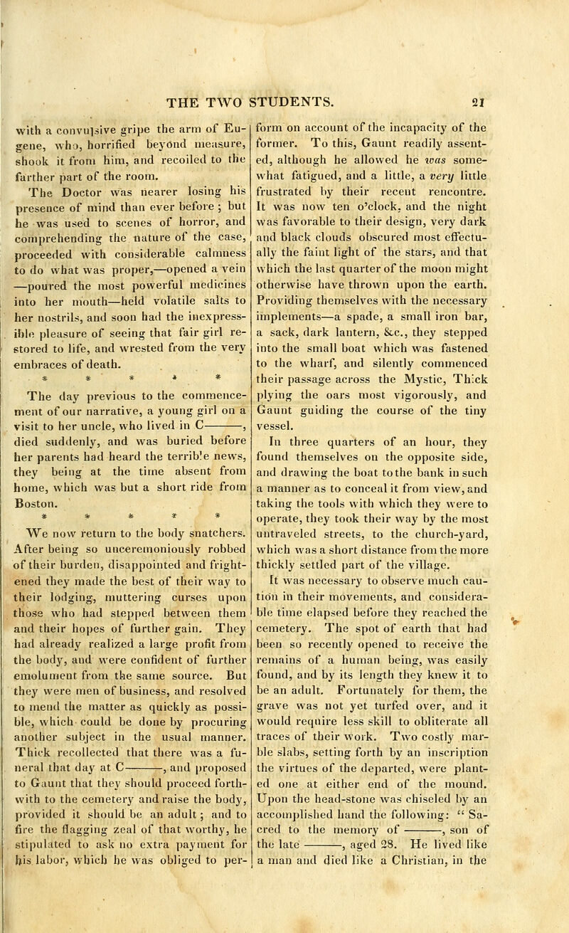 with a convulsive gripe the arm of Eu- gene, who, horrified beyond measure, shook it from him, and recoiled to the farther part of the room. The Doctor was nearer losing his presence of mind than ever before ; but he was used to scenes of horror, and comprehending the nature of the case, proceeded with considerable calmness to do what was proper,—opened a vein —poured the most powerful medicines into her mouth—held volatile salts to her nostrils, and soon had the inexpress- ible pleasure of seeing that fair girl re- stored to life, and wrested from the very embraces of death. # # ' # * * The day previous to the commence- ment of our narrative, a young girl on a visit to her uncle, who lived in C , died suddenly, and was buried before her parents had heard the terrible news, they being at the time absent from home, which was but a short ride from Boston. # * # * # We now return to the body snatchers. After being so unceremoniously robbed of their burden, disappointed and fright- ened they made the best of their way to their lodging, muttering curses upon those who had stepped between them and their hopes of further gain. They had already realized a large profit from the body, and were confident of further emolument from the same source. But they were men of business, and resolved to mend the matter as quickly as possi- ble, which could be done by procuring another subject in the usual manner. Thick recollected that there was a fu- neral that day at C— , and proposed to Gaunt that they should proceed forth- with to the cemetery and raise the body, provided it should be an adult ; and to fire the flagging zeal of that worthy, he stipulated to ask no extra payment for his labor, which he was obliged to per- form on account of the incapacity of the former. To this, Gaunt readily assent- ed, although he allowed he was some- what fatigued, and a little, a very little frustrated by their recent rencontre. It was now ten o'clock, and the night was favorable to their design, very dark and black clouds obscured most effectu- ally the faint light of the stars, and that which the last quarter of the moon might otherwise have thrown upon the earth. Providing themselves with the necessary implements—a spade, a small iron bar, a sack, dark lantern, &c, they stepped into the small boat which was fastened to the wharf, and silently commenced their passage across the Mystic, Thick plying the oars most vigorously, and Gaunt guiding the course of the tiny vessel. In three quarters of an hour, they found themselves on the opposite side, and drawing the boat to the bank in such a manner as to conceal it from view, and taking the tools with which they were to operate, they took their way by the most untraveled streets, to the church-yard, which was a short distance from the more thickly settled part of the village. It was necessary to observe much cau- tion in their movements, and considera- ble time elapsed before they reached the cemetery. The spot of earth that had been so recently opened to receive the remains of a human being, was easily found, and by its length they knew it to be an adult. Fortunately for them, the grave was not yet turfed over, and it would require less skill to obliterate all traces of their work. Two costly mar- ble slabs, setting forth by an inscription the virtues of the departed, were plant- ed one at either end of the mound. Upon the head-stone was chiseled by an accomplished hand the following:  Sa- cred to the memory of , son of the late , aged 28. He lived like a man and died like a Christian, in the