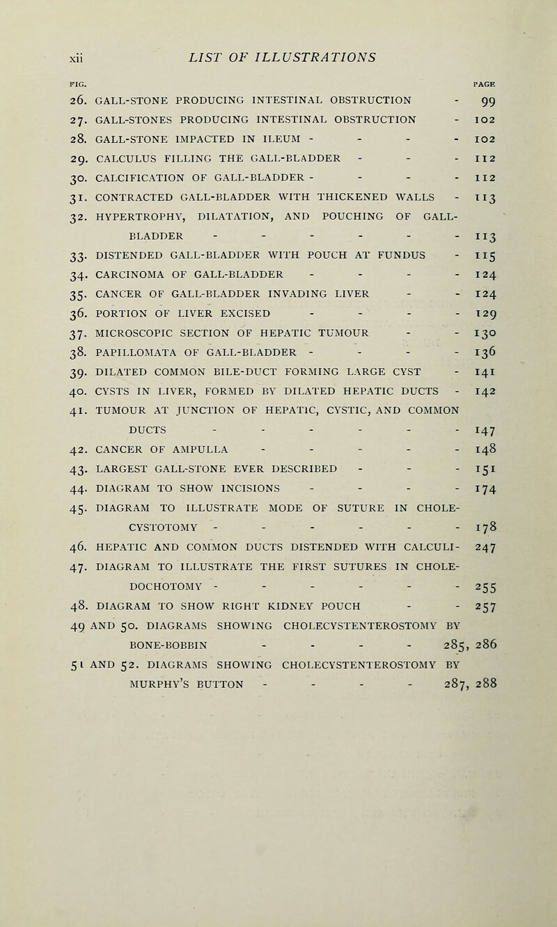 FIG. PAGE 26. GALL-STONE PRODUCING INTESTINAL OBSTRUCTION - 99 27. GALL-STONES PRODUCING INTESTINAL OBSTRUCTION - 102 28. GALL-STONE IMPACTED IN ILEUM - 102 29. CALCULUS FILLING THE GALL-BLADDER - - - 112 30. CALCIFICATION OF GALL-BLADDER- - - - 112 31. CONTRACTED GALL-BLADDER WITH THICKENED WALLS - TI3 32. HYPERTROPHY, DILATATION, AND POUCHING OF GALL- BLADDER - - - - - - 113 33. DISTENDED GALL-BLADDER WITH POUCH AT FUNDUS - 115 34. CARCINOMA OF GALL-BLADDER - - - - 124 35. CANCER OF GALL-BLADDER INVADING LIVER - - 124 36. PORTION OF LIVER EXCISED - - - 129 37. MICROSCOPIC SECTION OF HEPATIC TUMOUR - 13° 38. PAPILLOMATA OF GALL-BLADDER - - - - 136 39. DILATED COMMON BILE-DUCT FORMING LARGE CYST - 141 40. CYSTS IN LIVER, FORMED BY DILATED HEPATIC DUCTS - 142 41. TUMOUR AT JUNCTION OF HEPATIC, CYSTIC, AND COMMON DUCTS _.._.__ I4y 42. cancer of ampulla ----- 14& 43. largest gall-stone ever described - - - 151 44. diagram to show incisions - - - - 174 45. diagram to illustrate mode of suture in chole- cystotomy - - - - - - 178 46. hepatic and common ducts distended with calculi- 247 47. diagram to illustrate the first sutures in chole- dochotomy ------ 255 48. diagram to show right kidney pouch - - 257 49 and 50. diagrams showing cholecystenterostomy by bone-bobbin .... 285, 286 5land52. diagrams showing cholecystenterostomy by murphy's button - 287, 288