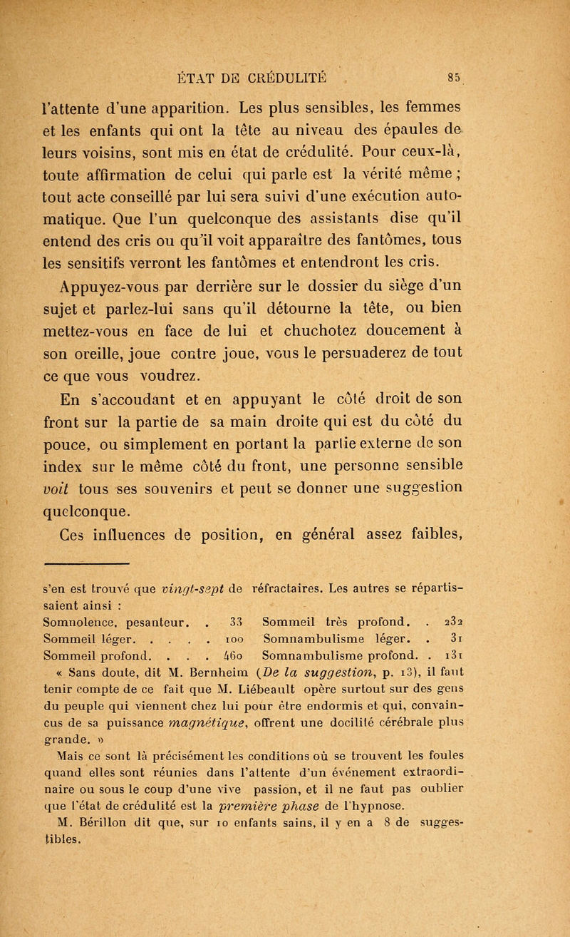 l'attente d'une apparition. Les plus sensibles, les femmes et les enfants qui ont la tête au niveau des épaules de leurs voisins, sont mis en état de crédulité. Pour ceux-là, toute affirmation de celui qui parle est la vérité même ; tout acte conseillé par lui sera suivi d'une exécution auto- matique. Que l'un quelconque des assistants dise qu'il entend des cris ou qull voit apparaître des fantômes, tous les sensitifs verront les fantômes et entendront les cris. Appuyez-vous par derrière sur le dossier du siège d'un sujet et parlez-lui sans qu'il détourne la tête, ou bien mettez-vous en face de lui et chuchotez doucement à son oreille, joue contre joue, vous le persuaderez de tout ce que vous voudrez. En s'accoudant et en appuyant le côté droit de son front sur la partie de sa main droite qui est du coté du pouce, ou simplement en portant la partie externe de son index sur le même côté du front, une personne sensible voit tous ses souvenirs et peut se donner une suggestion quelconque. Ces influences de position, en général assez faibles, s'en est trouvé que vingt-sspt de réfractaires. Les autres se répartis- saient ainsi : Somnolence, pesanteur. . 33 Sommeil très profond. . 282 Sommeil léger 100 Somnambulisme léger. . 3i Sommeil profond. . . . 46o Somnambulisme profond. . i3i « Sans doute, dit M. Bernheim {Be la suggestion, p. i3), il faut tenir compte de ce fait que M. Liébeault opère surtout sur des gens du peuple qui viennent chez lui pour être endormis et qui, convain- cus de sa puissance magnétique, offrent une docilité cérébrale plus grande. 1) Mais ce sont là précisément les conditions où se trouvent les foules quand elles sont réunies dans l'attente d'un événement extraordi- naire ou sous le coup d'une vive passion, et il ne faut pas oublier que l'état de crédulité est la première phase de l'hypnose. M. Bérillon dit que, sur 10 enfants sains, il y en a 8 de sugges- tibles.