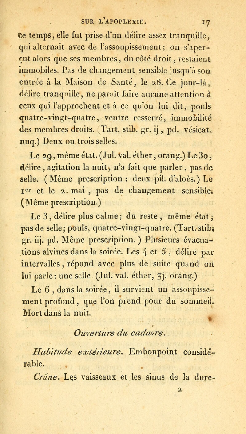 te temps, elle fut prise d'un délire assez tranquille, qui alternait avec de l'assoupissement; on s'aper- çut alors que ses membres, du côté droit, restaient immobiles. Pas de changement sensible jusqu'à son entrée à la Maison de Santé, le 28. Ce jour-là, délire tranquille, ne paraît faire aucune attention à. ceux qui l'approchent et à ce qu'on hii dit, pouls quatre-vingt-quatre, ventre resserré, immobiUté des membres droits. Tart. stib. gr. ij, pd. vésicat» iiuq.) Deux ou trois selles. Le 2g, même état. (Jul. Val. éther, orang.) Le 3o, délire, agitation la nuit, n'a fait que parler, pas de selle. (Même prescription: deux pil. d'aloès.) Le I et le 2. mai, pas de changement sensible: (Même prescription.) Le 3, délire plus calme; du reste, même état; pas de selle; pouls, quatre-vingt-quatre. (Tart. stib^ gr. iij. pd. Même prescription. ) Phtsieurs évacua- tions alvines dans la soirée. Les 4 et 5 , délire par intervalles, répond avec plus de suite quand on lui parle: une selle (Jul. val. éthcr, 5]. orang.) Le 6 , dans la soirée, il survient un assoupisse- ment profond, que l'on prend pour du sommeil. Mort dans la nuit. Ouverture du cadavre. Habitude extèneure. Embonpoint considé- rable. Crâne, Les vaisseaux et les sinus de la dure-