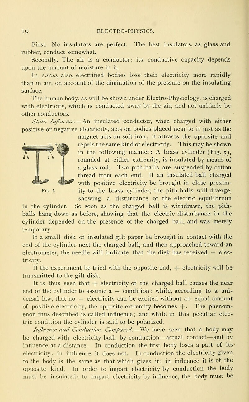 First. No insulators are perfect. The best insulators, as glass and rubber, conduct somewhat. Secondly. The air is a conductor; its conductive capacity depends upon the amount of moisture in it. In vacuo, also, electrified bodies lose their electricity more rapidly than in air, on account of the diminution of the pressure on the insulating surface. The human body, as will be shown under Electro-Physiology, is charged with electricity, which is conducted away by the air, and not unlikely by other conductors. Static Influence.—An insulated conductor, when charged with either positive or negative electricity, acts on bodies placed near to it just as the magnet acts on soft iron; it attracts the opposite and repels the same kind of electricity. This may be shown in the following manner: A brass cylinder (Fig. 5), rounded at either extremity, is insulated by means of a glass rod. Two pith-balls are suspended by cotton thread from each end. If an insulated ball charged with positive electricity be brought in close proxim- FiG. 5. ity to the brass cylinder, the pith-balls will diverge, showing a disturbance of the electric equilibrium in the cylinder. So soon as the charged ball is withdrawn, the pith- balls hang down as before, showing that the electric disturbance in the cylinder depended on the presence of the charged ball, and was merely temporary. If a small disk of insulated gilt paper be brought in contact with the end of the cylinder next the charged ball, and then approached toward an electrometer, the needle will indicate that the disk has received — elec- tricity. If the experiment be tried with the opposite-end, -f- electricity will be transmitted to the gilt disk. It is thus seen that + electricity of the charged ball causes the near end of the cylinder to assume a — condition; while, according to a uni- versal law, that no — electricity can be excited without an equal amount of positive electricity, the opposite extremity becomes +• The phenom- enon thus described is called influence; and while in this peculiar elec- tric condition the cylinder is said to be polarized. Influence and Conduction Compared.—We have seen that a body may be charged with electricity both by conduction—actual contact—and by influence at a distance. In conduction the first body loses a part of its- electricity; in influence it does not. In conduction the electricity given to the body is the same as that which gives it; in influence it is of the opposite kind. In order to impart electricity by conduction the body must be insulated; to impart electricity by influence, the body must be