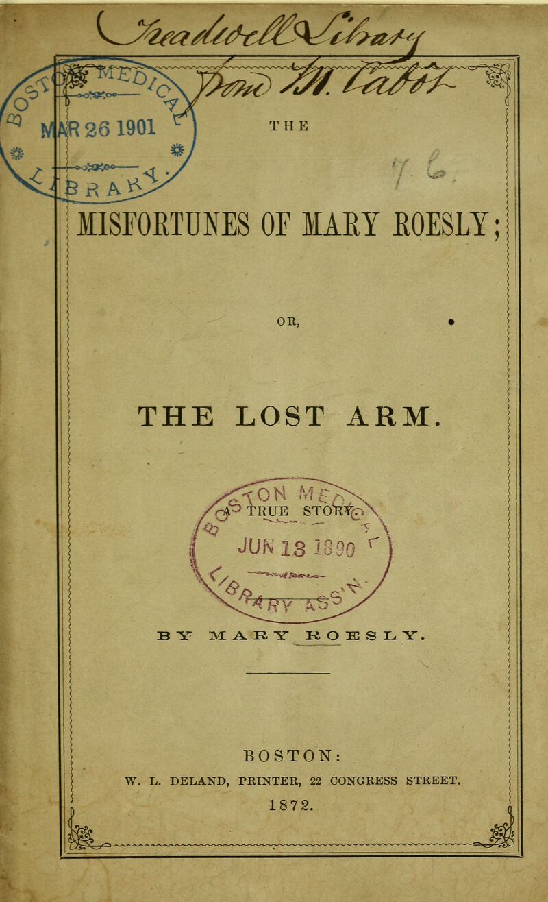 L^^^^Sw^ MISFORTUNES OE IARY EOESLY; OR, THE LOST ARM BY TVL A R, Y K O E S L Y BOSTON: W. L. DELAND, PRINTER, 22 CONGRESS STREET. 1872.