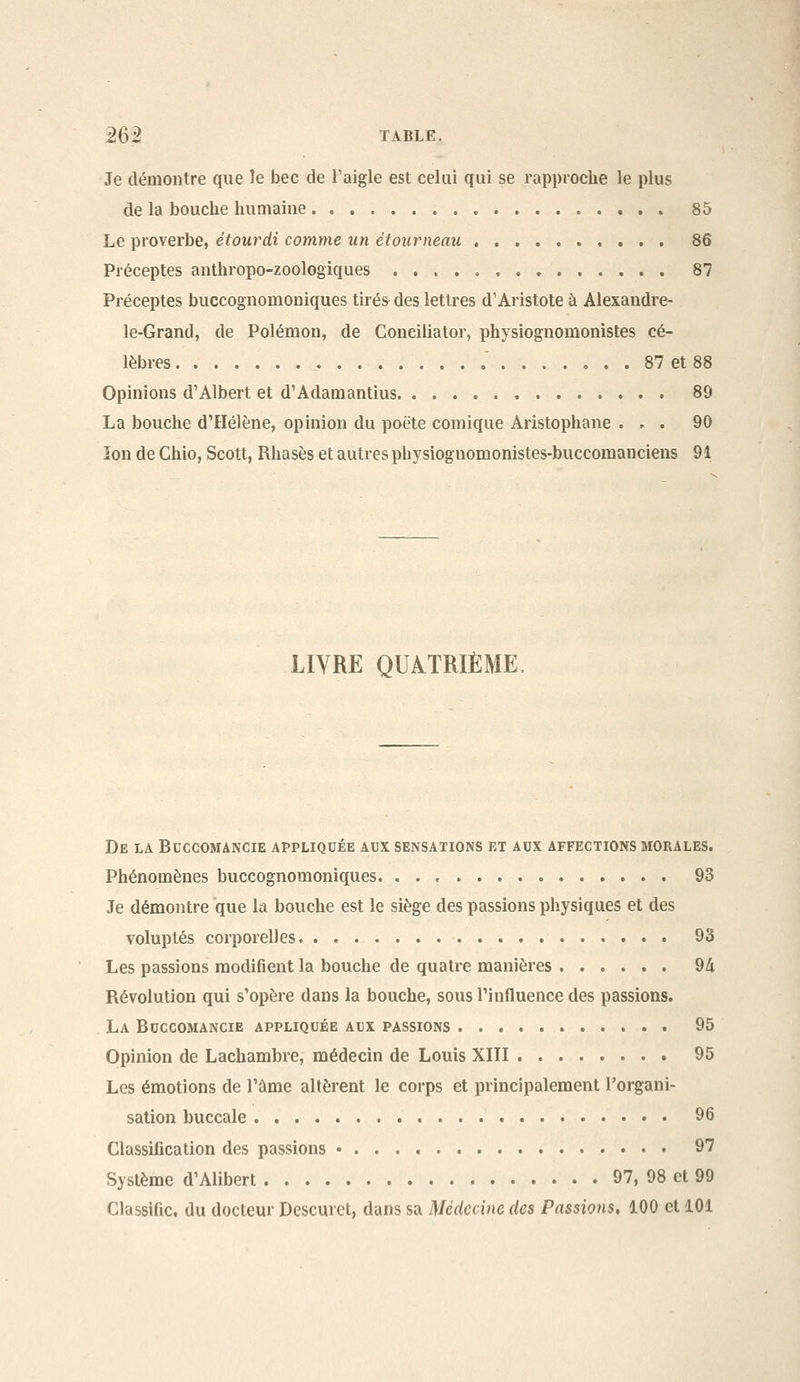 Je démontre que le bec de l'aigle est celui qui se rapproche le plus de la bouche humaine 85 Le proverbe, étourdi comme un étourneau 86 Préceptes anthropo-zoologiques 87 Préceptes buccognomoniques tirés^ des lettres d'Aristote à Alexandre- le-Grand, de Polémon, de Conciliator, physiognomonistes cé- lèbres 87 et 88 Opinions d'Albert et d'Adamantins 89 La bouche d'Hélène, opinion du poète comique Aristophane ... 90 ion de Chio, Scott, Rhasès et autres physiognomonistes-buccoraanciens 91 LIVRE QUATRIÈME. De la Buccomancie appliquée aux sensations et aux affections morales. Phénomènes buccognomoniques 93 Je démontre que la bouche est le siège des passions physiques et des voluptés corporelles 93 Les passions modifient la bouche de quatre manières 94 Révolution qui s'opère dans la bouche, sous l'influence des passions. La Buccomancie appliquée aux passions 95 Opinion de Lachambre, médecin de Louis XIII 95 Les émotions de l'âme altèrent le corps et principalement l'organi- sation buccale 96 Classification des passions • 97 Système d'Alibert 97, 98 et 99 Classlfic, du docteur Descurct, dans sa Médcwie des Passions, 100 cl 101