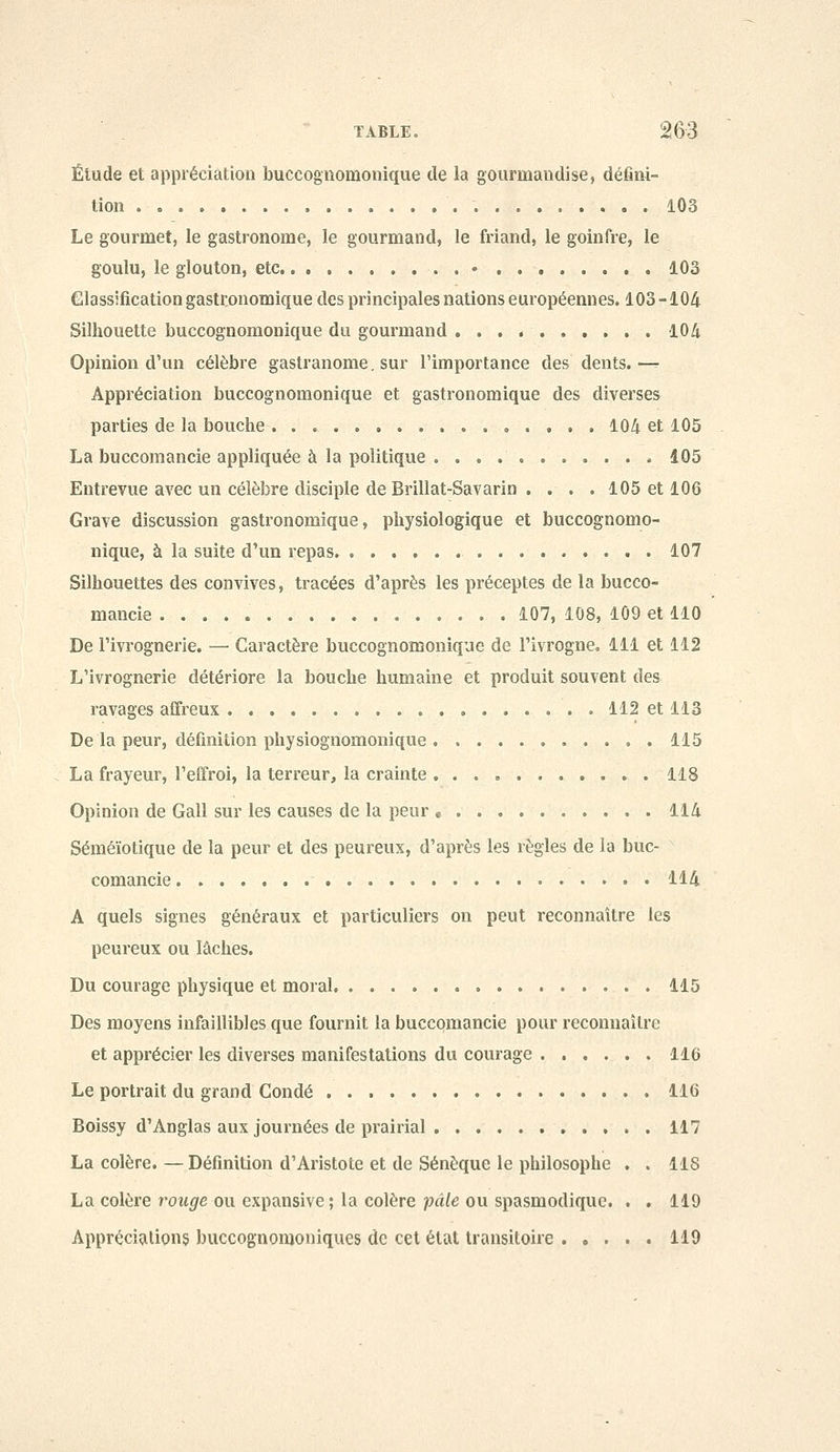 Étude et appréciation buccognomouique de la gourinaudise, défini- tion 103 Le gourmet, le gastronome, le gourmand, le friand, le goinfre, le goulu, le glouton, etc. • 103 Classification gastronomique des principales nations européennes. 103 -104 Silhouette buccognomonique du gourmand 104 Opinion d'un célèbre gastranome. sur l'importance des dents.—^ Appréciation buccognomonique et gastronomique des diverses parties de la bouche e . , . . 104 et 105 La buccomancie appliquée à la politique . . . . 105 Entrevue avec un célèbre disciple de Brillât-Savarin .... 105 et 106 Grave discussion gastronomique, physiologique et buccognomo- nique, à la suite d'un repas 107 Silhouettes des convives, tracées d'après les préceptes de la bucco- mancie 107, 108, 109 et 110 De l'ivrognerie. — Caractère buccognomonique de l'ivrogne, 111 et 112 L'ivrognerie détériore la bouche humaine et produit souvent des ravages affreux 112 et 113 De la peur, définition physiognomonique 115 La frayeur, l'effroi, la terreur, la crainte 118 Opinion de Gall sur les causes de la peur « 114 Séméïotique de la peur et des peureux, d'après les règles de la buc- comancie 114 A quels signes généraux et particuliers on peut reconnaître les peureux ou lâches. Du courage physique et moral . 115 Des moyens infaillibles que fournit la buccomancie pour reconnaître et apprécier les diverses manifestations du courage ...... 116 Le portrait du grand Condé 116 Boissy d'Anglas aux journées de prairial 117 La colère. — Définition d'Aristote et de Sénèque le philosophe . . 118 La colère rouge ou expansive ; la colère pâle ou spasmodiquc. . . 119 Appréciations buccognomoniques de cet état transitoire 119