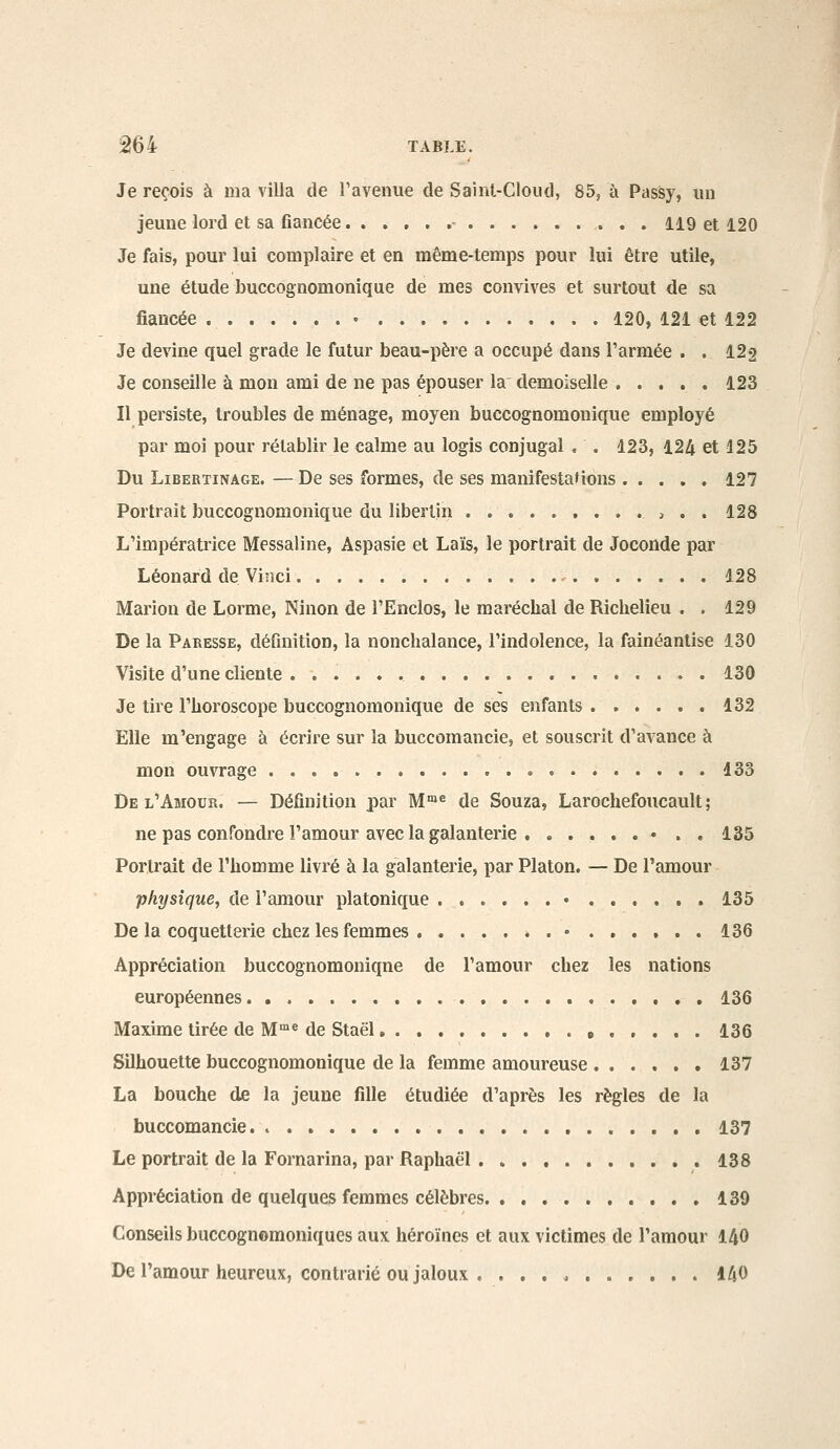 Je reçois à ma villa de ravenue de Sainl-Cloud, 85, à Pasày, un jeune lord et sa Oancée 119 et 120 Je fais, pour lui complaire et en même-temps pour lui être utile, une étude buccognomonique de mes convives et surtout de sa fiancée • 120, 121 et 122 Je devine quel grade le futur beau-père a occupé dans l'armée . . 122 Je conseille à mon ami de ne pas épouser la demoiselle 123 II persiste, troubles de ménage, moyen buccognomonique employé par moi pour rétablir le calme au logis conjugal . . 123, 124 et 125 Du Libertinage. — De ses formes, de ses manifestations 127 Portrait buccognomonique du libertin ............ 128 L'impératrice Messaline, Aspasie et Laïs, le portrait de Joconde par Léonard de Vinci 128 Marion de Lorme, Ninon de l'Enclos, le maréchal de Richelieu . . 129 De la Paresse, définition, la nonchalance, l'indolence, la fainéantise 130 Visite d'une cliente 130 Je tire l'horoscope buccognomonique de ses enfants 132 Elle m'engage à écrire sur la buccomancie, et souscrit d'avance à mon ouvrage 133 De l'Amour. — Définition par M°»« de Souza, Larochefoucault ; ne pas confondre l'amour avec la galanterie • . . 135 Portrait de l'homme livré à la galanterie, par Platon. — De l'amour physique, de l'amour platonique • 135 De la coquetterie chez les femmes * . • ...... 136 Appréciation buccognomonique de l'amour chez les nations européennes 136 Maxime tirée de M-^^ ^q gt^ël 136 Silhouette buccognomonique de la femme amoureuse 137 La bouche de la jeune fille étudiée d'après les règles de la buccomancie. 137 Le portrait de la Fornarina, par Raphaël .138 Appréciation de quelques femmes célèbres 139 Conseils buccognemoniques aux héroïnes et aux victimes de l'amour 140 De l'amour heureux, contrarié ou jaloux 140