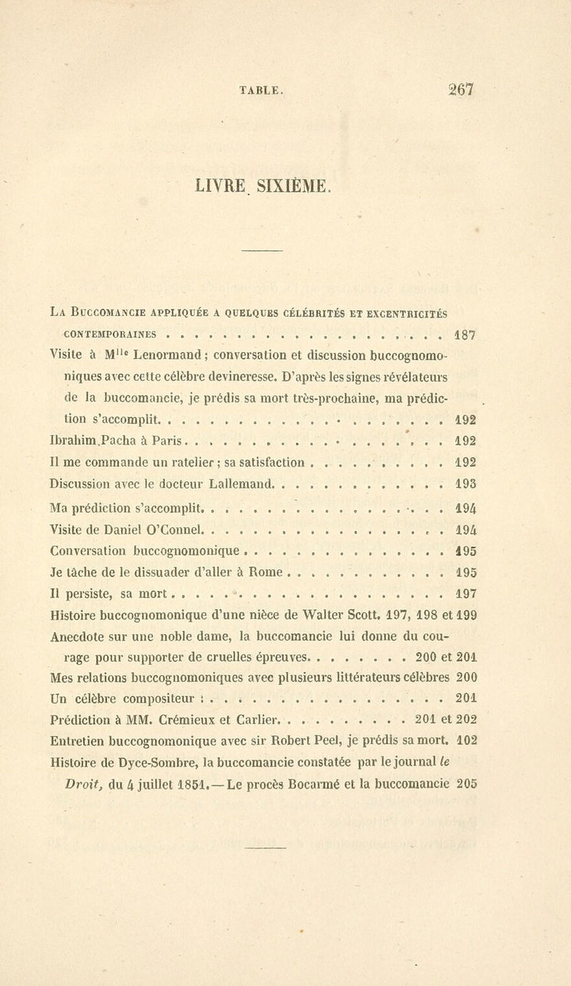 LIVRE SIXIÈME. La Buccomancie appliquée a quelques célébrités et excentricités contemporaines ......... 187 Visite à M« Lenormand ; conversation et discussion buccognomo- niques avec cette célèbre devineresse. D'après les signes révélateurs de la buccomancie, je prédis sa mort très-prochaine, ma prédic- tion s'accomplit . • ....... i92 Ibrahim,Pacha à Paris ....... 192 Il me commande un râtelier ; sa satisfaction 192 Discussion avec le docteur Lallemand 193 Ma prédiction s'accomplit. . 194 Visite de Daniel O'Gonnel 194 Conversation buccognomonique 195 Je tâche de le dissuader d'aller à Rome 195 Il persiste, sa mort 197 Histoire buccognomonique d'une nièce de Walter Scott, 197, 198 et 199 Anecdote sur une noble dame, la buccomancie lui donne du cou- rage pour supporter de cruelles épreuves. . , 200 et 201 Mes relations buccognomoniques avec plusieurs littérateurs célèbres 200 Un célèbre compositeur ï 201 Prédiction à MM. Crémieux et Carlier. . 201 et 202 Entretien buccognomonique avec sir Robert Peel, je prédis sa mort. 102 Histoire de Dyce-Sombre, la buccomancie constatée par le journal le Droit, du 4 juillet 1851.—Le procès Bocarmé et la buccomancie 205