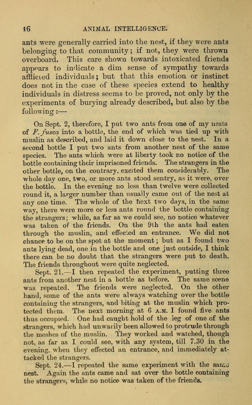 ants were generally carried into the nest, if they were ants belonging to that community; if not, they were thrown overboard. This care shown towards intoxicated friends apppars to indicate a dim sense of sympathy towards afflicied individuals; but that this emotion or instinct does not in the case of these species extend to healthy individuals in distress seems to be proved, not only by the experiments of burying already described, but also by the following :— On Sept. 2, therefore, I put two ants from one of my ussts of F.fusca into a bottle, the end of which was tied up with muslin as described, and laid it down close to the nest. In a second bottle I put two ants from another nest of the same species. The ants which were at liberty took no notice of tlie bottle containing their imprisoned friends. Tlie strangers in the other bottle, on the contrary, excited them considerably. The whole day one, two, or more a,nts stood sentry, as it were, over the bottle. In the evening no less than twelve were collected round it, a larger number than usually came out of the nest at auy one time. The whole of the next two days, in the same way, there were more or less ants round the bottle containing the strangers; while, as far as we could see, no notice whatever was taken of the friends. On the 9 th the ants had eaten through the muslin, and effecied an entrance. We did not chance to be on the spot at the moment; but as I found two ants lying dead, one in the bottle and one just outside, I think there can be no doubt that the strangers were put to death. The friends throughout were quite neglected. Sept. 21.—I then repeated the experiment, putting three ants from another nest in a bottle as before. The same scene was repeated. The friends were neglected. On the other hand, some of the ants were always watching over the bottle containing the strangers, and biting at the muslin which pro- tected them. The next morning at 6 a.m. I found five ants thus occupied. One had caught hold of the leg of one of the strangers, which had unwarily been allowed to protrude through the meshes of the muslin. They worked and watched, though not, as far as I could see, with any system, till 7.30 in the evening, when they effected an entrance, and immediately at- tacked the strangers. Sept. 24.—I repeated the same experiment with the sarnvJ nest. Again the ants came and sat over the bottle containing the strangers, while no notice was taken of the friends.