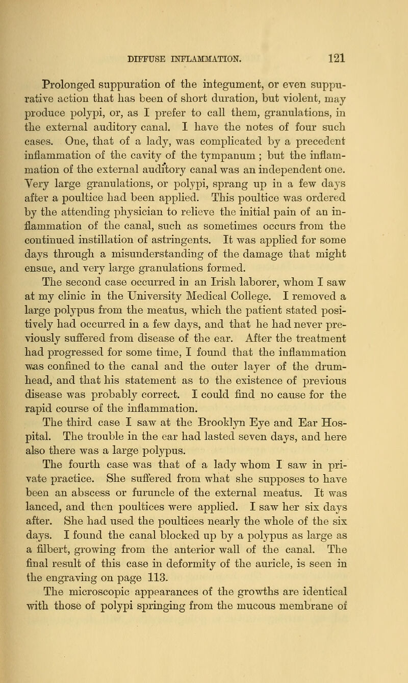 Prolonged suppuration of the integument, or even suppu- rative action that has been of short duration, but violent, may produce polypi, or, as I prefer to call them, granulations, in the external auditory canal. I have the notes of four such cases. One, that of a lady, was complicated by a precedent inflammation of the cavity of the tympanum ; but the inflam- mation of the external auditory canal was an independent one. Very large granulations, or polypi, sprang up in a few days after a poultice had been applied. This poultice was ordered by the attending physician to relieve the initial pain of an in- flammation of the canal, such as sometimes occurs from the continued instillation of astringents. It was applied for some days through a misunderstanding of the damage that might ensue, and very large granulations formed. The second case occurred in an Irish laborer, whom I saw at my clinic in the University Medical College. I removed a large polypus from the meatus, which the patient stated posi- tively had occurred in a few days, and that he had never pre- viously suffered from disease of the ear. After the treatment had progressed for some time, I found that the inflammation was confined to the canal and the outer layer of the drum- head, and that his statement as to the existence of previous disease was probably correct. I could find no cause for the rapid course of the inflammation. The third case I saw at the Brooklyn Eye and Ear Hos- pital. The trouble in the ear had lasted seven days, and here also there was a large polypus. The fourth case was that of a lady whom I saw in pri- vate practice. She suffered from what she supposes to have been an abscess or furuncle of the external meatus. It was lanced, and then poultices were applied. I saw her six days after. She had used the poultices nearly the whole of the six days. I found the canal blocked up by a polypus as large as a filbert, growing from the anterior wall of the canal. The final result of this case in deformity of the auricle, is seen in the engraving on page 113. The microscopic appearances of the growths are identical with those of polypi springing from the mucous membrane of