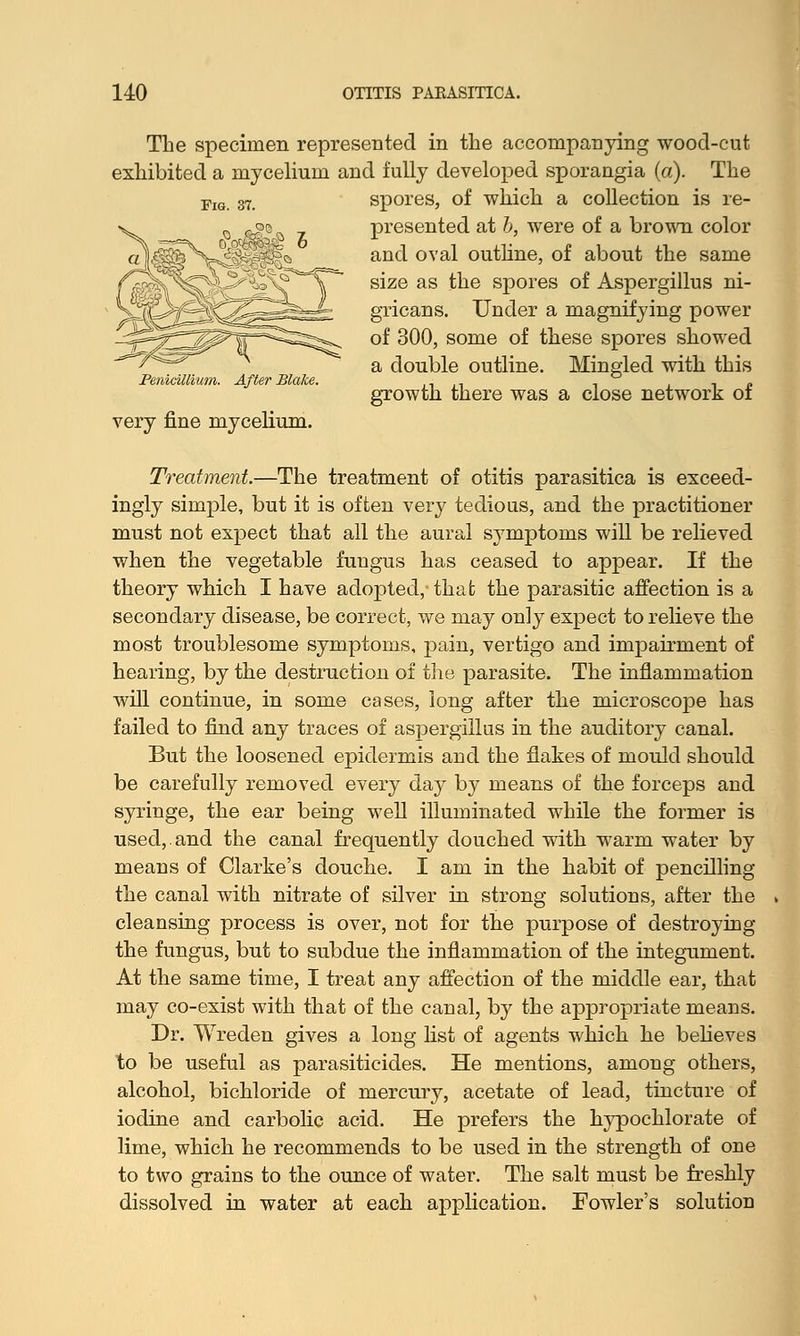 The specimen represented in the accompanying wood-cut exhibited a mycelium and fully developed sporangia (a). The FlG 37- spores, of which a collection is re- v 0 ^e - presented at b, were of a brown color aV - - Ha and oval outhne, of about the same •V'sf~Sr size as the spores of Aspergillus ni- Vq^>|^'<^^^^^^ gricans. Under a magnifying power _^^^^^^^^^^^;^ of 300, some of these spores showed a double outline. Mingled with this Penicilllum. After Blake. ,, n , ° . „ growth there was a close network ot very fine mycelium. Treatment.—The treatment of otitis parasitica is exceed- ingly simple, but it is often very tedious, and the practitioner must not expect that all the aural symptoms will be relieved when the vegetable fungus has ceased to appear. If the theory which I have adopted,- that the parasitic affection is a secondary disease, be correct, we may only expect to relieve the most troublesome symptoms, pain, vertigo and impairment of hearing, by the destruction of the parasite. The inflammation will continue, in some cases, long after the microscope has failed to find any traces of aspergillus in the auditory canal. But the loosened epidermis and the flakes of mould should be carefully removed every day by means of the forceps and syringe, the ear being well illuminated while the former is used,.and the canal frequently douched with warm water by means of Clarke's douche. I am in the habit of pencilling the canal with nitrate of silver in strong solutious, after the cleansing process is over, not for the purpose of destroying the fungus, but to subdue the inflammation of the integument. At the same time, I treat any affection of the middle ear, that may co-exist with that of the canal, by the appropriate means. Dr. Wreden gives a long list of agents which he believes to be useful as parasiticides. He mentions, among others, alcohol, bichloride of mercury, acetate of lead, tincture of iodine and carbolic acid. He prefers the hypochlorate of lime, which he recommends to be used in the strength of one to two grains to the ounce of water. The salt must be freshly dissolved in water at each application. Fowler's solution