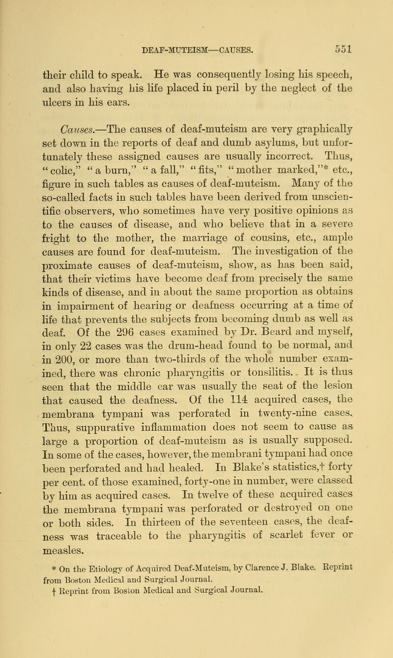 their child to speak. He was consequently losing his speech, and also having his life placed in peril by the neglect of the ulcers in his ears. Causes.—The causes of deaf-muteism are very graphically set down in the reports of deaf and dumb asylums, but unfor- tunately these assigned causes are usually incorrect. Thus,  colic,  a burn,  a fall,  fits,  mother marked,* etc., figure in such tables as causes of deaf-muteism. Many of the so-called facts in such tables have been derived from unscien- tific observers, who sometimes have very positive opinions as to the causes of disease, and who believe that in a severe fright to the mother, the marriage of cousins, etc., ample causes are found for deaf-muteism. The investigation of the proximate causes of deaf-muteism, show, as has been said, that their victims have become deaf from precisely the same kinds of disease, and in about the same proportion as obtains in impairment of hearing or deafness occurring at a time of life that prevents the subjects from becoming dumb as well as deaf. Of the 296 cases examined by Dr. Beard and myself, in only 22 cases was the drum-head found to be normal, and in 200, or more than two-thirds of the whole number exam- ined, there was chronic pharyngitis or tonsilitis.. It is thus seen that the middle ear was usually the seat of the lesion that caused the deafness. Of the 114 acquired cases, the membrana tympani was perforated in twenty-nine cases. Thus, suppurative inflammation does not seem to cause as large a proportion of deaf-muteism as is usually supposed. In some of the cases, however, the membrani tympani had once been perforated and had healed. In Blake's statistics,t forty per cent, of those examined, forty-one in number, were classed by him as acquired cases. In twelve of these acquired cases the membrana tympani was perforated or destroyed on one or both sides. In thirteen of the seventeen cases, the deaf- ness was traceable to the pharyngitis of scarlet fever or measles. * On the Etiology of Acquired Deaf-Muteism, by Clarence J. Blake. Reprint from Boston Medical and Surgical Journal. f Reprint from Boston Medical and Surgical Journal.