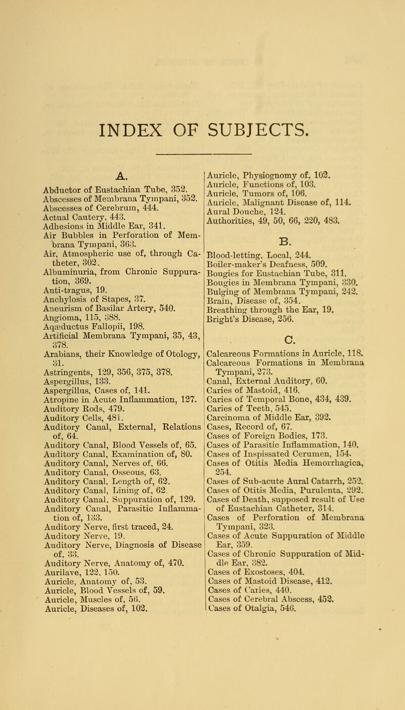 A. Abductor of Eustachian Tube, 352. Abscesses of Membrana Tympani, 852. Abscesses of Cerebrum, 444. Actual Cautery, 448. Adhesions in Middle Ear, 341. Air Bubbles in Perforation of Mem- brana Tympani, 363. Air, Atmospheric use of, through Ca- theter, 303. Albuminuria, from Chronic Suppura- tion, 369. Anti-tragus, 19. Anchylosis of Stapes, 37. Aneurism of Basilar Artery, 540. Angioma, 115, 388. Aqseductus Fallopii, 198. Artificial Membrana Tympani, 35, 43, 378. Arabians, their Knowledge of Otology, 31. Astringents, 129, 356, 375, 378. Aspergillus, 133. Aspergillus, Cases of, 141. Atropine in Acute Inflammation, 127. Auditory Rods, 479. Auditory Cells, 481. Auditory Canal, External, Relations of, 64. Auditory Canal, Blood Vessels of, 65. Auditory Canal, Examination of, 80. Auditory Canal, Nerves of, 66. Auditory Canal, Osseous, 63. Auditory Canal, Length of, 62. Auditory Canal, Lining of, 62. Auditory Canal, Suppuration of, 129. Auditory Canal, Parasitic Inflamma- tion of, 133. Auditory Nerve, first traced, 24. Auditory Nerve, 19. Auditory Nerve, Diagnosis of Disease of, 33. Auditory Nerve, Anatomy of, 470. Aurilave, 122. 150. Auricle, Anatomy of, 53. Auricle, Blood Vessels of, 59. Auricle, Muscles of, 56. Auricle, Diseases of, 102. Auricle, Physiognomy of, 102. Auricle, Functions of, 103. Auricle, Tumors of, 106. Auricle, Malignant Disease of, 114. Aural Douche, 124. Authorities, 49, 50, 66, 220, 483. B. Blood-letting. Local, 244. Boiler-maker's Deafness, 509. Bougies for Eustachian Tube, 311. Bougies in Membrana Tympani, 830. Bulging of Membrana Tympani, 242. Brain, Disease of, 354. Breathing through the Ear, 19. Bright's Disease, 256. Calcareous Formations in Auricle, 118. Calcareous Formations in Membrana Tympani, 273. Canal, External Auditory, 60. Caries of Mastoid, 416. Caries of Temporal Bone, 434, 439. Caries of Teeth, 545. Carcinoma of Middle Ear, 392. Cases, Record of, 67. Cases of Foreign Bodies, 173. Cases of Parasitic Inflammation, 140. Cases of Inspissated Cerumen, 154. Cases of Otitis Media Hemorrhagica, 154. Cases of Sub-acute Aural Catarrh, 252. Cases of Otitis Media, Purulenta, 292. Cases of Death, supposed result of Use of Eustachian Catheter, 314. Cases of Perforation of Membrana Tympani, 323. Cases of Acute Suppuration of Middle Ear, 859. Cases of Chronic Suppuration of Mid- dle Ear, 882. Cases of Exostoses, 404. Cases of Mastoid Disease, 412. Cases of Caries, 440. Cases of Cerebral Abscess, 452. Cases of Otalgia, 546.