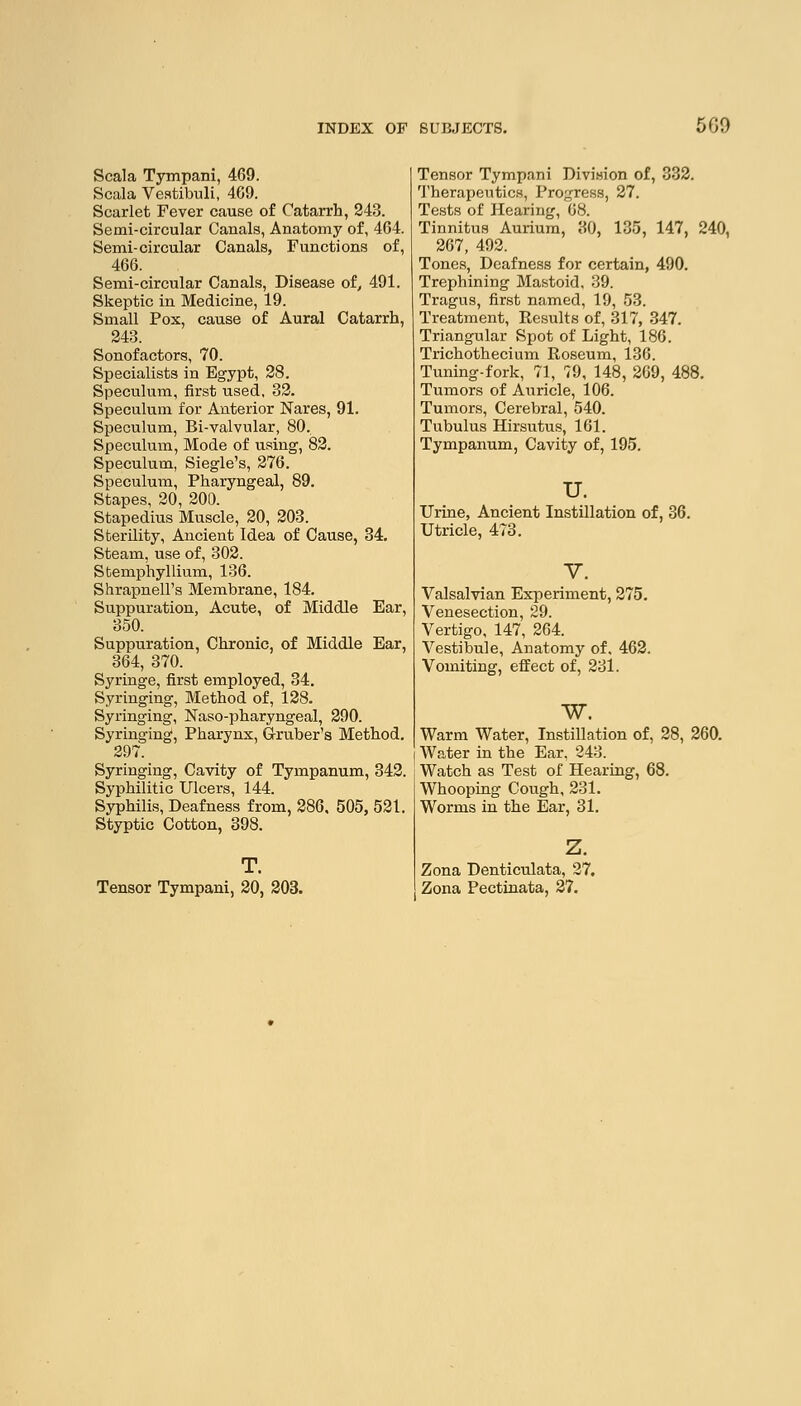 Scala Tympani, 469. Scala Vestibuli, 469. Scarlet Fever cause of Catarrh, 243. Semi-circular Canals, Anatomy of, 464. Semi-circular Canals, Functions of, 466. Semi-circular Canals, Disease of, 491. Skeptic in Medicine, 19. Small Pox, cause of Aural Catarrh, 243. Sonofactors, 70. Specialists in Egypt, 28. Speculum, first used, 32. Speculum for Anterior Nares, 91. Speculum, Bi-valvular, 80. Speculum, Mode of using, 82. Speculum, Siegle's, 276. Speculum, Pharyngeal, 89. Stapes, 20, 200. Stapedius Muscle, 20, 203. Sterility, Ancient Idea of Cause, 34. Steam, use of, 302. Sbemphyllium, 136. Shrapnell's Membrane, 184. Suppuration, Acute, of Middle Ear, 350. Suppuration, Chronic, of Middle Ear, 364, 370. Syringe, first employed, 34. Syringing, Method of, 128. Syringing, Naso-pharyngeal, 290. Syringing, Pharynx, Gruber's Method. 297. Syringing, Cavity of Tympanum, 342. Syphilitic Ulcers, 144. Syphilis, Deafness from, 286, 505, 521. Styptic Cotton, 398. Tensor Tympani, 20, 203. Tensor Tympani Division of, 332. Therapeutics, Progress, 27. Tests of Hearing, 68. Tinnitus Aurium, 30, 135, 147, 240, 267, 492. Tones, Deafness for certain, 490. Trephining Mastoid. 39. Tragus, first named, 19, 53. Treatment, Results of, 317, 347. Triangular Spot of Light, 186. Trichothecium Roseum, 136. Tuning-fork, 71, 79, 148, 269, 488. Tumors of Auricle, 106. Tumors, Cerebral, 540. Tubulus Hirsutus, 161. Tympanum, Cavity of, 195. u. Urine, Ancient Instillation of, 36. Utricle, 473. Valsalvian Experiment, 275. Venesection, 29. Vertigo, 147, 264. Vestibule, Anatomy of. 462. Vomiting, effect of, 231. w. Warm Water, Instillation of, 28, Water in the Ear. 243. Watch as Test of Hearing, 68. Whooping Cough, 231. Worms in the Ear, 31. Zona Denticulata, 27. Zona Pectinata, 27.