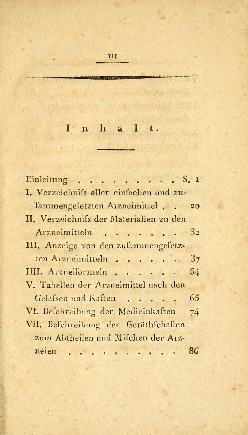 IIE Inhalt. Einleitung S. i I, Verzeichnifs aller einfachen und zu- famraengefetzten Arzneimittel . . 20 II, Verzeichnifs der Materialien zu den Arzneimitteln , . 82 III, Anzeige von den zufammenoefetz- ten Ajzneimitteln 3j IUI. Arzneiformeln ...... 54 V. Talielien der Arzneimittel nach den Gefäfsen und Kaften ..... 65 VI. BefchreÜJung der- Medicinkaften 74 VII. Befchreibang der Geräthfchaften zum Abtheilen und Mifchen der Arz- neien 8G