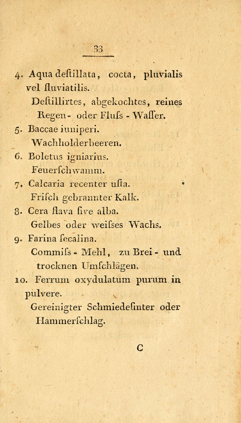 4- Aqua deftillata, cocta, pluv^ialis vel fliiviatilis. Deftilliites, abgekochtes, reines Regen- oder Fiufs - Waffer. 5. Baccae iuniperi. Wachholderbeeren. 6, Boletus igniarins. Feuer fclnyanim. 7» Ca]Carla recenter uüa. • Frifcli gebraniiter Kalk. 8. Gera flava ßre alba. Gelbes oder weifses Wachs. 9. Farina fecalina. Commifs - Mehl, zu Brei - und trocknen UmfchMgen. 10. Ferrum oxydulatum purum in pulvere. _ Gereinigter Schmiede(inter oder Hammerfehlag.