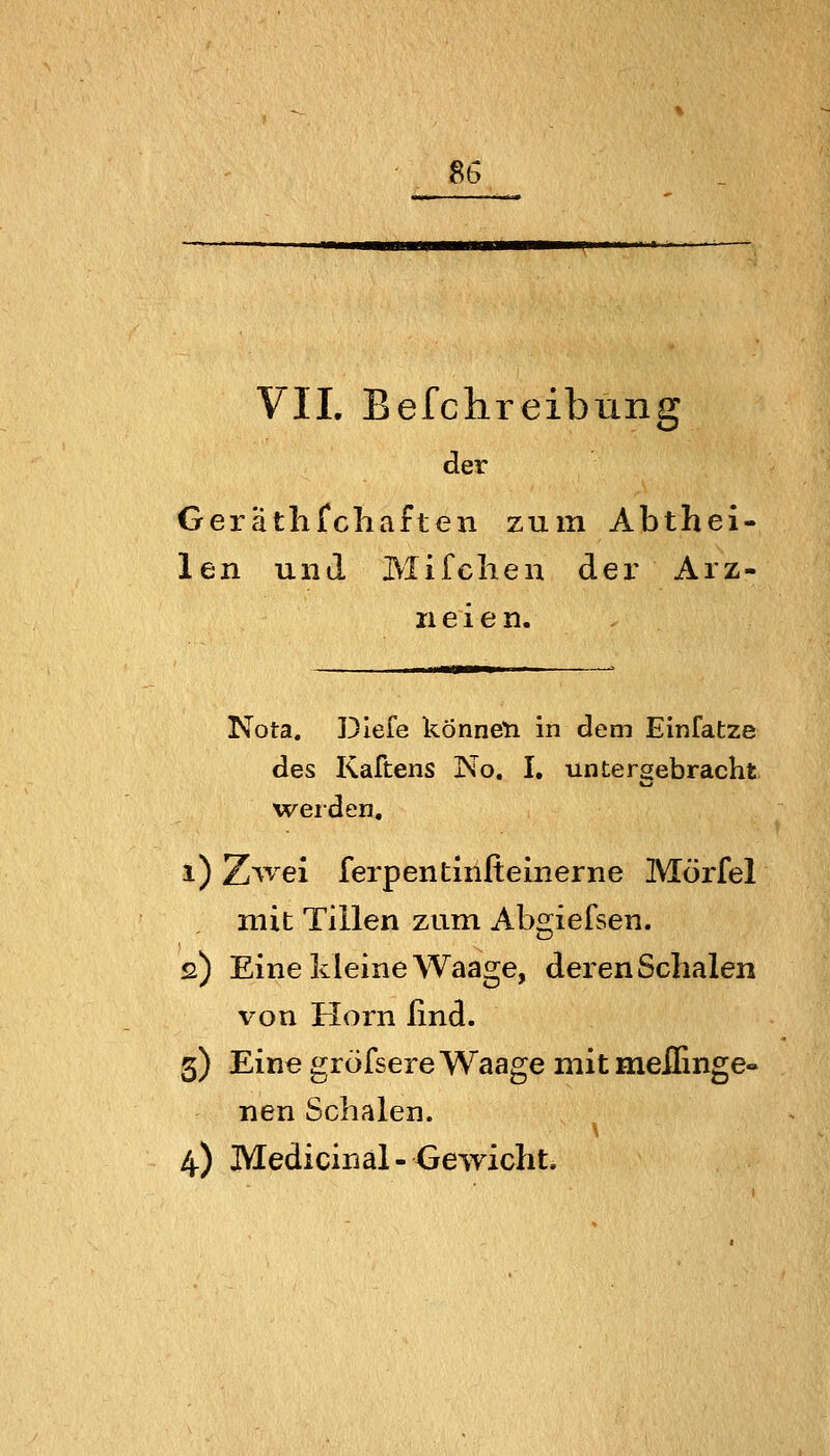 ^6 VII. Befchreibung der Geräthfcliaften zum Abthei- len und Mifclien der Arz- neien. Nota. Dlefe können in dem Einfatze des Kaftens No. I. untergebracht werden, i) Zwei ferpentiniteinerne Mörfel mit Tillen zum Abgiefsen. s) Eine kleine Waage, deren Schalen von Hörn ßnd. 5) Eine gröfsere Waage mitmelEnge- nen Schalen. 4) Medicinal-Gewicht.