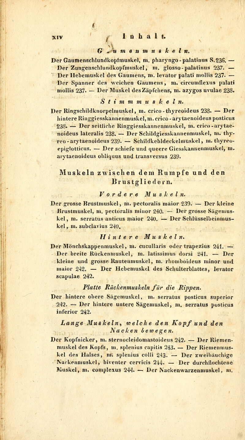 \\ G^'umenmnskeln. Der Gaumenschlundkopfmuskel, m. phan-ngo-palatinus S.236. —■ Der Zungenschlundkopfmuskel, ni. glosso-palatinua 237. — '' Der Hebemuskel des Gaumens, m. levator palati mollis 237. — Der Spanner des weichen Gaumens, ni. circumflexus palati niollis 237. — Der Muskel des Zäpfchens, m. azygos uvulae 238. S f i jn m m u 8 fc e l 71. Der Ringschildknorpelmuskel, m. crico-thyreoideus 238. — Der hintere llinggiesskannenmuskel, m. crico - arytaenoideus posticus 238. — Der seitliche Ringgiesskannenmuskel, m. crico-arytae- noideus lateralis 238. — Der Schildgiesskannenmuskel, m. thy- reo-arytaenoideus 239. — Schjldkehldeckelmüskel, m. thyreo- epiglotticus. — Der schiefe und queere Giesskannenmuskel, m. arytaenoideus obliquus und transversus 239. Muskeln zwischen dem Rumpfe und den Brustgliedern. Vordere M u s h e l n. Der grosse Brustmuskel, m. pectoralis maior 239. — Der kleine Rrustmuskel, m. pectoralis minor 240. — Der grosse Sägenius- kel, m. serratus anticus maior 240. — Der Schlüsselheinmus- kel, m. suhclavius 240. Hintere Muskeln. Der Mönchskappenmuskel, ni. cucullaris oder trapezius 241. — Der breite Rückenmuskel, m. latissimus dorsi 241. — Der kleine und grosse Rautenmuskel, m. rhomboideus minor und maior 242. — Der Hebemuskel des Schulterblattes, levator scapulae 242. Platte Rückenmushein für die Rippen. Der hintere obere Sägemuskel, m. serratus posticus superior 242. — Der hintere untere Sägemuskel, m. serratus posticus inferior 242. Lange Muskeln^ welche den Kopf und den Na cken Leto egen. Der Kopfnicker, m. sternocleidomastoideus 242. — Der Riemen- muskel des Kopfs, m. splenius capitis 243. — Der Riemennius- kel des Halses, ni. splenius colli 243. — Der zweibäuchige Nackenmuskel, biventer cervicis 244. — Der durchflochtene Muskel, m. complexus 244. — Der Nackenwarzenniuskel, m.