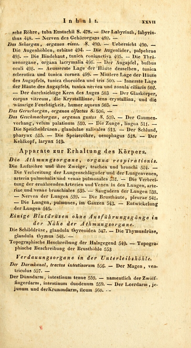 sehe Röhre» tuba Eustachü S. 478. — Der Labyrinth, labyrin- thu3 448. — Nerven des Gehörorgans 4S9. — Das Sehorgan, organon visus. S. 490. — Uebersichfe 49o. Die Augenhöhlen, orbitae 494. — Die Augenlider, palpebrae 495. — Die Bindehaut, tunica coniunctiva 495. — Die Thrä- nenorgane, Organa lacrymalia 496- — Der Augapfel, bulbus oculi 498. — Aeusserste Lage der Häute desselben, tunica sclerotica und tunica Cornea 499» — Mittlere Lage der Häute des Augapfels, tunica choroidea und iris 500. — Innerste La^-e der Häute des Augapfels^ tunica nervea und zonula ciliaris 502. — Der durchsichtige Kern des Auges 503 — Der Glaskörper, corpus vitreuni, die Krystalllinse, lens crystallina, und die ivässrige Feuchtigkeit, hunior aqueus 503. — Das Geruchorgan y organon olfactus S. 506, — Das Geschmackorgan, organon gustus S. 509. — Der Gaumen- vorhang, velum palatinum 510. — Die Zunge, lingua 511. — Die Speicheldrüsen, glandulae salivales 513. — Der Schlund, Pharynx 515. — Die Speiseröhre, Oesophagus öl8. — Der Kehlkopf, larynx 519» Apparate zur Erhaltung des Körpers. Die Athmungsorgane, Organa respirationis. Die Luftröhre und ihre Zweige, trachea und bronchi 524. Die Verbreitung der Lungenschlägader und der Lungenvenen arteria pulnionalis und venae pulmonales J31. — Die Verbrei- tung der ernährenden Arterien und Venen in den Lungen, arte- riae.und venae bronchiales 535. — Saugadern der Lungen 538. — Nerven der Lungen 539. — Die Brusthäute, pleurae 54l. — Die Lungen, pulniones, im Ganzen 543. — Entwickelung der Lungen 545. Einige Blutdrüsen ohne Aü&führungsgänge in der Nähe der A thviungsorgane. Die Schilddrüse, glandula thyreoidea 547. — Die Thymusdrüse, glandula thymus 548- — Topographische Beschreibung der Halsgegend 549. — Topogra- phische Beschreibung der Brusthöhle 553 Verdauungsorgane in der Unterleibshöhle. Der Darmkanal, tractus intestinorum 556. — Der Ma-en , ven- triculus 557. — Der Dünndarm, intestinum tenue 559. — namentlich der Zwölf- fingerdarm, intestinum duodenum 559. — Der Leerdann , je- junum und derKrunimdarm, ileum 560. --