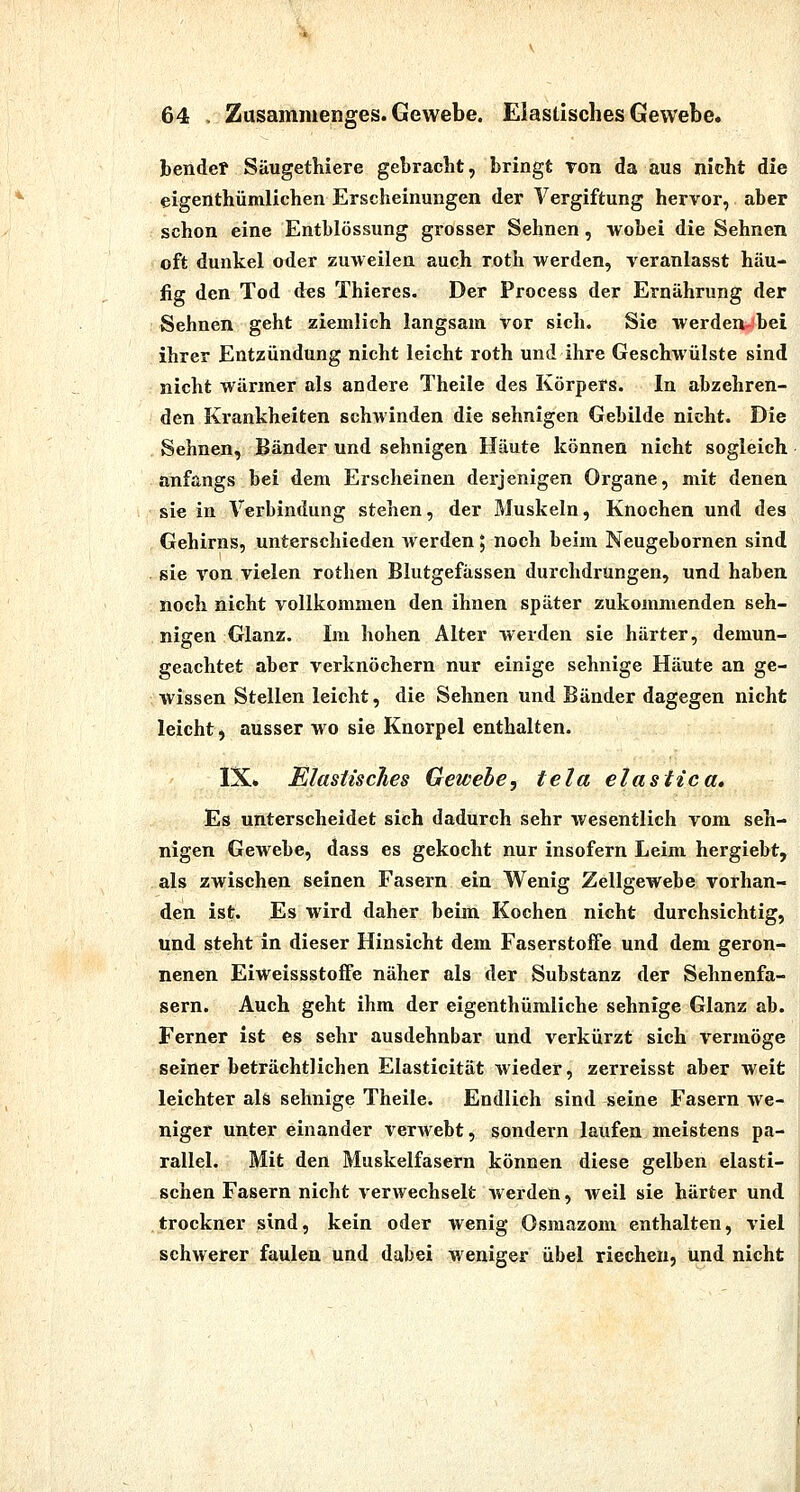 'O bendet SäugetMere gebracht, bringt Ton da aus nicht die eigenthümlichen Erscheinungen der Vergiftung hervor, aber schon eine Entblössung grosser Sehnen, wobei die Sehnen oft dunkel oder zuweilen auch roth werden, veranlasst häu- jfig den Tod des Thieres. Der Process der Ernährung der Sehnen geht ziemlich langsam vor sich, Sie werdea-bei ihrer Entzündung nicht leicht roth und ihre Geschwülste sind nicht wärmer als andere Theile des Körpers. In abzehren- den Krankheiten schwinden die sehnigen Gebilde nicht. Die Sehnen, Bänder und sehnigen Häute können nicht sogleich anfangs bei dem Erscheinen derjenigen Organe, mit denen sie in Verbindung stehen, der Muskeln, Knochen und des Gehirns, unterschieden werden; noch beim Neugebornen sind sie von vielen rothen Blutgefässen durchdrungen, und haben noch nicht vollkommen den ihnen später zukommenden seh- nigen Glanz. Im hohen Alter werden sie härter, demun- geachtet aber verknöchern nur einige sehnige Häute an ge- wissen Stellen leicht, die Sehnen und Bänder dagegen nicht leicht j ausser wo sie Knorpel enthalten. IX. Elastisches Gewebe, tela elastica. Es unterscheidet sich dadurch sehr wesentlich vom seh- nigen Gewebe, dass es gekocht nur insofern Leim hergiebt, als zwischen seinen Fasern ein Wenig Zellgewebe vorhan- den ist. Es wird daher beim Kochen nicht durchsichtig, und steht in dieser Hinsicht dem Faserstoffe und dem geron- nenen Eiweissstoffe näher als der Substanz der Sehnenfa- sern. Auch geht ihm der eigenthümliche sehnige Glanz ab. Ferner ist es sehr ausdehnbar und verkürzt sich vermöge seiner beträchtlichen Elasticität wieder, zerreisst aber weit leichter als sehnige Theile. Endlich sind seine Fasern we- niger unter einander verwebt, sondern laufen meistens pa- rallel. Mit den Muskelfasern können diese gelben elasti- schen Fasern nicht verwechselt werden, weil sie härter und trockner sind, kein oder wenig Osmazom enthalten, viel schwerer faulen und dabei weniger übel riechen, und nicht