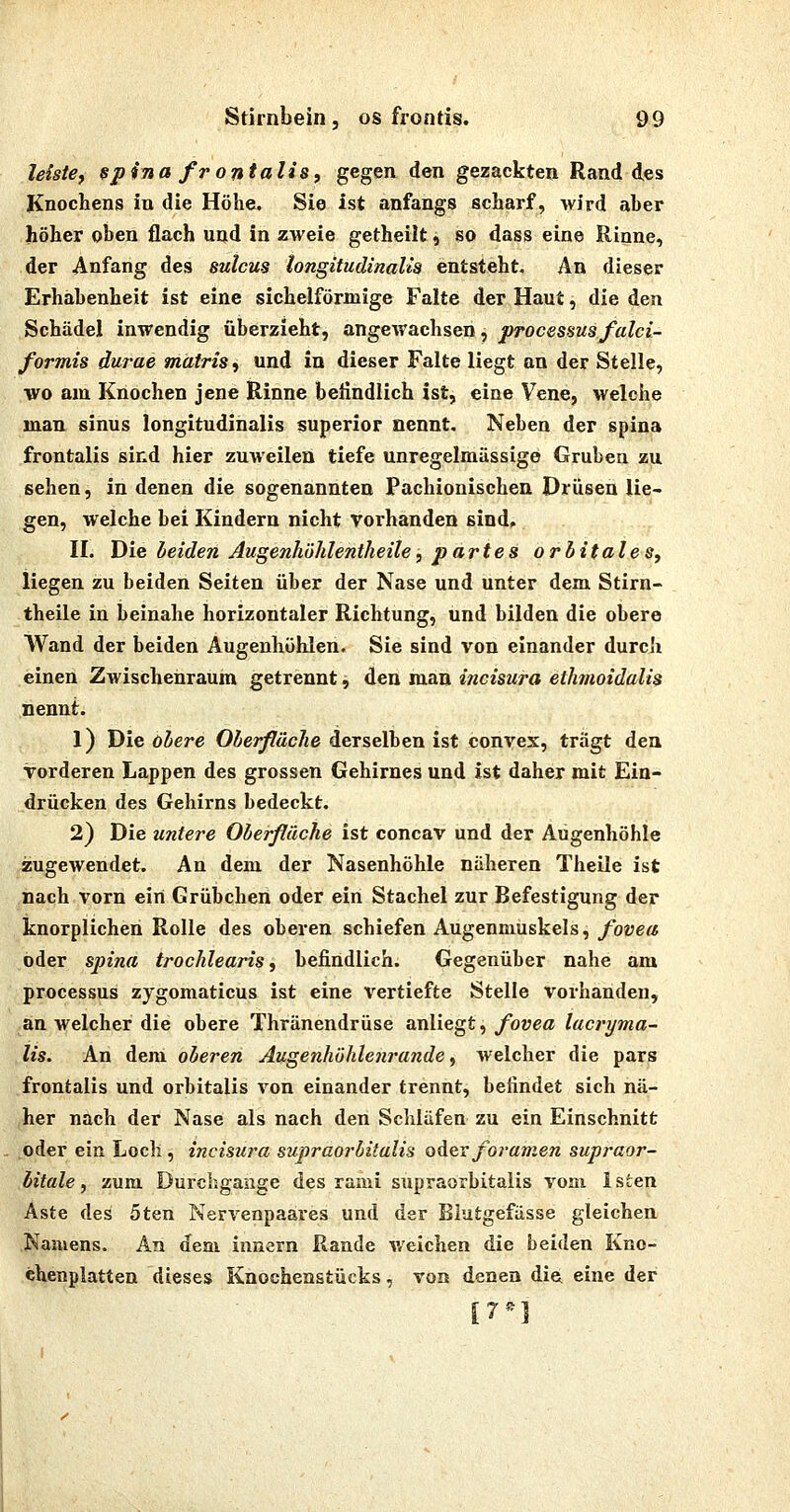 leistej ^pinafrontalis, gegen den gezackten Randd.es Knochens in die Höhe. Sie ist anfangs scharf, wird aber höher oben flach und in zweie getheilt, so dass eine Rinne, der Anfang des sulcus longitudinalis entsteht. An dieser Erhabenheit ist eine sichelförmige Falte der Haut, die Aen Schädel inwendig überzieht, angewachsen, processusfalci- formis durae mätris<, und in dieser Falte liegt an der Stelle, wo am Knochen jene Rinne befindlich ist, eine Vene, welche man sinus longitudinalis superior nennt. Neben der spina frontalis sind hier zuweilen tiefe unregelmässige Gruben zu sehen, in denen die sogenannten Pachionischen Drüsen lie- gen, welche bei Kindern nicht vorhanden sind, n. Die beiden Augenhühlentheile, partes orbitales, liegen zu beiden Seiten über der Nase und unter dem Stirn- theile in beinahe horizontaler Richtung, und bilden die obere Wand der beiden Augenhöhlen. Sie sind von einander durch einen Zwischenraum getrennt j den man incisura etlimoidalis nennt. 1) Die obere Oberfläche derselben ist convex, trägt den vorderen Lappen des grossen Gehirnes und ist daher mit Ein- drücken des Gehirns bedeckt. 2) Die untere Oberfläche ist concav und der Augenhöhle zugewendet. An dem der Nasenhöhle näheren Theile ist nach vorn ein Grübchen oder ein Stachel zur Befestigung der knorplichen Rolle des oberen schiefen Augenmuskels,/oye« oder Spina trochlearis, befindlich. Gegenüber nahe am Processus zygomaticus ist eine vertiefte Stelle vorhanden, an welcher die obere Thränendrüse anliegt, fovea lacryma- lis. An dem oberen Augenhöhlenrande, welcher die pars frontalis und orbitalis von einander trennt, befindet sich nä- her nach der Nase als nach den Schläfen zu ein Einschnitt oder ein Loch, incisura supraorbitalis oderforamen supraor- bitale, zum Durchgänge des rami supraorbitalis vom Isten Aste des 5ten Nervenpaares und der Blutgefässe gleichen Namens. An dem innern Rande weichen die beiden Kno- chenplatten dieses Knochenstücks, von denen die eine der