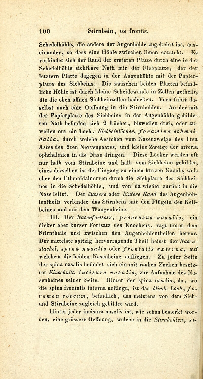 Schedelhöhle, die andere der Augenhöhle zugekehrt ist, aus- einander ^ so dass eine Höhle zwischen ihnen entsteht. Es verbindet sich der Rand der ersteren Platte durch eine in der Schedelhöhie sichtbare Nath mit der SiebplattCj der der letztern Platte dagegen in der Augenhöhle mit der Papier- platte des Siebbeins. Die zTvischen beiden Platten befind- liche Höhle Ist durch kleine Scheidewände in Zellen getheilt, die die oben offnen Siebbeinzellen bedecken. Vorn führt da- selbst auch eine Oeffnung in die Stirnhöhlen. An der mit der Papierplatte deä Siebbeins in der Augenhöhle gebilde- ten Nath befinden sich 2 Löcher, bisweilen drei, oder zu- weilen nur ein Loch, Siehheinlöcher^ foramina ethmoi- dalia, durch Welche Aestchen vom Nasenzweige des Iten Astes des 5ten Nervenpaares, und kleine Zweige der arterla ophthalmica in die Nase dringen. Diese Löcher werden oft nur halb vom Stirnbeine und halb vom Siebbeine gebildet, eines derselben ist der Eingang zu einem kurzen Kanäle, wel- cher den Ethmoidalnerven durch die Siebplatte des Siebbei- nes in die Schedelhöhie, und von da wieder zurück in die Nase leitet. Der äussere oder hintere Rand des Augenhöh- lentheils verbindet das Stirnbein mit den Flügeln des Keil- beines und mit dem Wangenbeine. lU. Der Nasenfortsatz, processus nasalis, ein dicker aber kurzer Fortsatz des Knochens, ragt unter dem Stirntheile und zwischen den Augenhöhlentheilen hervor. Der mittelste spitzig hervorragende Theil heisst der Nasen- siachely Spina nasalis oder frontalis externa, auf welchem die beiden Nasenbeine aufliegen. Zu jeder Seite der Spina nasalis befindet sich ein mit rauhen Zacken besetz- ter Einschnitt, incisura nasalis, zur Aufnahme des Na- senbeines seiner Seite. Hinter der spina nasalis, da, wo die Spina frontalis interna anfängt, ist das blinde Loch, fo- ramen coecum, befindlich, das meistens von dem Sieb- und Stirnbeine zugleich gebildet wird. Hinter jeder incisura nasalis ist, wie schon bemerkt wor- den, eine grössere Oeffnung, Avelche in die Stirnhöhlen, si-