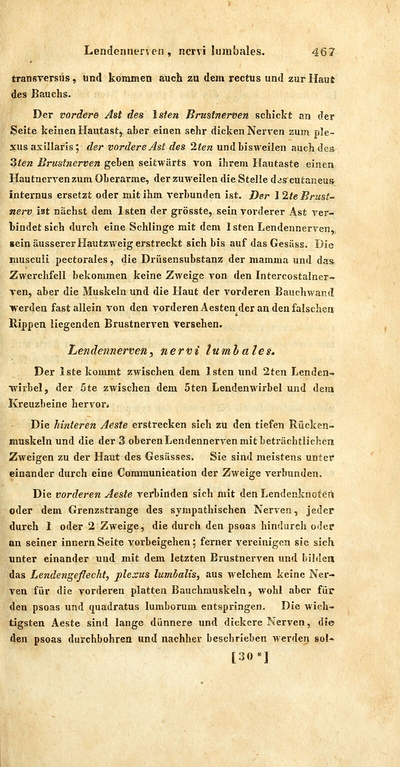 transversus, und kommen auch zu dem rectus und zur Haut des Bauchs. Der vordere Ast des Isten Brustnerven schickt an der Seite keinen Hautast, aber einen sehr dicken NerA'en zum ple- xus axillaris; der vordere Ast des 2ten und bisweilen auch des 3ten Brusinerven geben seitwärts von ihrem Hautaste einen Hautnervenzum Oberarme, der zuweilen die Stelle des cufcaneus internus ersetzt oder mit ihm verbunden ist. Der 1 2te Brust- nerv iät nächst dem Isten der grösste, sein vorderer Ast ver- bindet sich durch eine Schlinge mit dem 1 sten Lendennerven, Bein äusserer Hautzweig erstreckt sich bis auf das Gesäss. Die musculi pectorales, die Drüsensubstanz der mamma und das Zwerchfell bekommen keine Zweige von den IntercostaIner~ ven, aber die Muskeln und die Haut der vorderen Bauchwand Werden fast allein von den vorderen Äesten der an den falschen Rippen liegenden Brustnerven Versehen. Lende?inerven, nervi lumhales. Der Iste kommt zwischen dem Isten und 2ten Lenden- wirbel, der 5te zwischen dem 5ten Lendenwirbel und dem Kreuzbeine hervor* Die hinteren Aeste erstrecken sich zu den tiefen Rücken- muskeln und die der 3 oberen Lendennerven mit beträchtlichen Zweigen zu der Haut des Gesässes, Sie sind meistens untef einander durch eine Coramunication der Zweige verbunden. Die vorderen Aeste vei'binden sich mit den Lendenknoteü oder dem Grenzstrange des sympathischen Nerven, jeder durch 1 oder 2 Zweige, die durch den psoas hindurch oder an seiner Innern Seite vorbeigehen; ferner vereinigen sie sich unter einander und mit dem letzten Brustnerven und bilde« das Lendengeflecht, plexus lumbalts, aus welchem keine Ner- ven für die vorderen platten Bauchmuskeln, wohl aber für den psoas und quadratus lumborum entspringen. Die wich- tigsten Aeste sind lange dünnere und dickere Nerven, die den psoas durchbohren und nachher beschrieben werden sol* [30*1