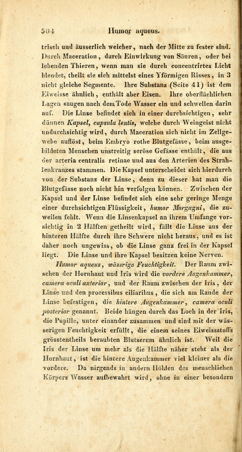 5()4 Huaiqr a(|ueus. triscli und äusserlich weicher, nach der Mitte zu fester sind. Dtirc'n Maceration , durch Einwirkung von Säuren, oder bei lebenden Thieren, wenn man sie durch concentrirtes Licht blendet, theilt sie sich mittelst eines Yförmigen Risses, in 3 nicht gleiche Segmente. Ihre Substanz (Seite 41) ist dem Eiwelsse ähnlich , enthält aber Eisen. Ihre oberflächlichen Lagen saugen nach dem Tode Wasser ein und schwellen darin auf. Die Linse befindet sich in einer durchsichtigen, sehr dünnen Kapsel, Capsula lentis^ welche durcli Weingeist nicht undurchsichtig wird, durch Maceration sich nicht im Zellge- webe auflöst, beim Embryo rotlie Blutgefässe, beim ausge- bildeten Menschen unstreitig seröse Gefässe enthält, die aus der arteria centralis retinae uiid aus den Arterien des Strah- lenkranzes stammen. Die Kapsel unterscheidet sich hierdurch Ton der Substanz der Linse, denn zu dieser hat man die Blutgefässe noch nicht hin verfolgen können. Zwischen der Kapsel und der Linse befindet sich eine sehr geringe Menge einer durchsichtigen Flüssigkeit, humor Slorgagni^ die zu- weilen fehlt. Wenn die Linsenkapsel an ihrem Umfange vor- sichtig in 2 Hälften getheilt wird, fällt die Linse aus der hinteren Hälfte durch ihre Schwere nicht heraus, und es ist daher noch ungewiss, ob die Linse ganz frei in der Kapsel liegt. Die Linse und ihre Kapsel besitzen keine Nerven. Humor aqueus, tcässrzge Feuchtigkeit. Der Raum zwi- Kchen der Hornhaut und Iris wird die vordere Augenkatnmer, Camera oculi anterior, und der Raum zwischen der Iris , der Linse und den processibus ciliaribus , die sich am Rande der Linse befestigen, die hintere Augenhammer, camera oculi j)osterior genannt. Beide hängen durch das Loch in der Iris, die Pupille, unter einander zusammen und sind mit der wäs- serigen Feuchtigkeit erfüllt, die einem seines EiweissstofFs grösstentlieils beraubten Blutserum ähnlich ist. Weil die Iris der Linse um mehr als die Hälfte näher steht als der Hornhaut, ist die hintere Augenkammer viel kleiner als die vordere. Da nirgends in andern Höhlen des menschlichen Körpers Wasser aufljewahrt wird, ohne in einer besondern