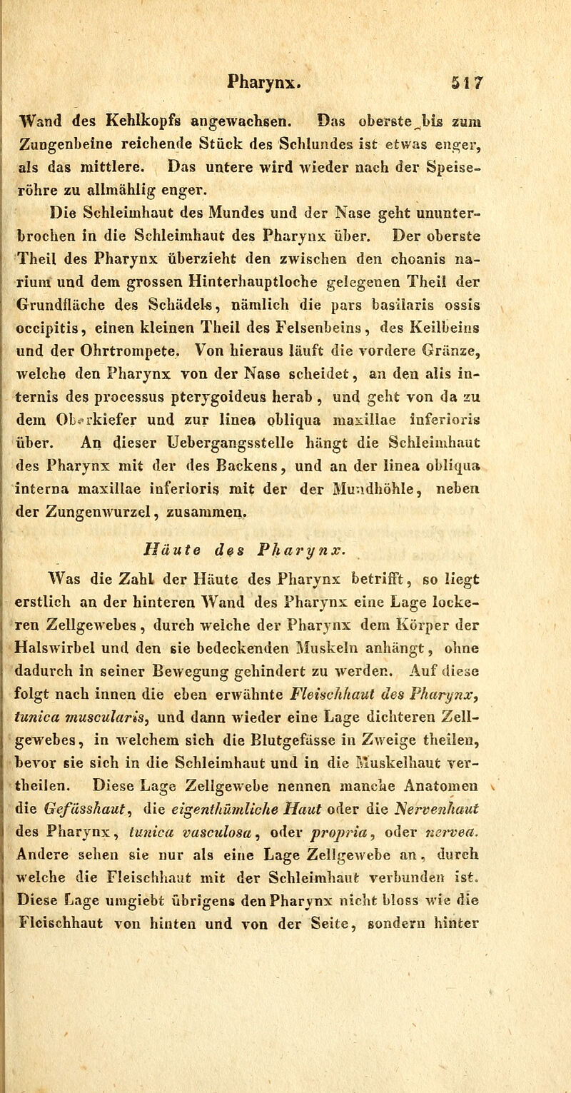 Wand des Kehlkopfs angewachsen. Das oberste^bis zum Zungenbeine reichende Stück des Schlundes ist etwas enger, als das mittlere. Das untere wird wieder nach der Speise- röhre zu allmählig enger. Die Schleimhaut des Mundes und der Nase geht ununter- brochen in die Schleimhaut des Pharynx über. Der oberste Theil des Pharynx überzieht den zwischen den choanis na- riunl und dem grossen Hinterhauptloche gelegenen Theil der Grundfläche des Schädel-s, nämlich die pars basilaris ossis occipitis, einen kleinen Theil des Felsenbeins, des Keilbeins und der Ohrtrompete. Von hieraus läuft die vordere Gränze, welche den Pharynx von der Nase scheidet, an den alis in- ternis des processus pterygoideus herab, und geht von da zu dem Ob'-rkiefer und zur linea obliqua maxillae inferioris über. An dieser Uebergangsstelle hängt die Schleimhaut des Pharynx mit der des Backens, und an der linea obliqua interna maxillae inferioris mit der der Mundhöhle, neben der Zungenwurzel, zusammen. Häute des Pharynx. Was die Zahl der Häute des Pharynx betrifft, so liegt erstlich an der hinteren Wand des Pharynx eine Lage locke- ren Zellgewebes, durch welche der Pharynx dem Körper der Halswirbel und den sie bedeckenden Muskeln anhängt, ohne dadurch in seiner Bewegung gehindert zu werden. Auf diese folgt nach innen die eben erwähnte Fleischhaut des Pharynx, tunica muscularis, und dann wieder eine Lage dichteren Zell- gewebes , in Avelchem sich die Blutgefässe in Zweige theilen, bevor sie sich in die Schleimhaut und in die ßluskelhaut ver- theilen. Diese Lage Zellgewebe nennen manche Anatomen die Gefässhaut, die eigenthüttäiche Haut oder die Nervenhaut des Pharynx, tU7iica vasculosa, oder projjria, oder mi'vea. Andere sehen sie nur als eine Lage Zellgewebe an, durch welche die Fleischhaut mit der Schleimhaut verbunden ist. Diese Lage umgiebt übrigens den Pharynx nicht bloss wie die Flcischhaut von hinten und von der Seite, sondern hinter