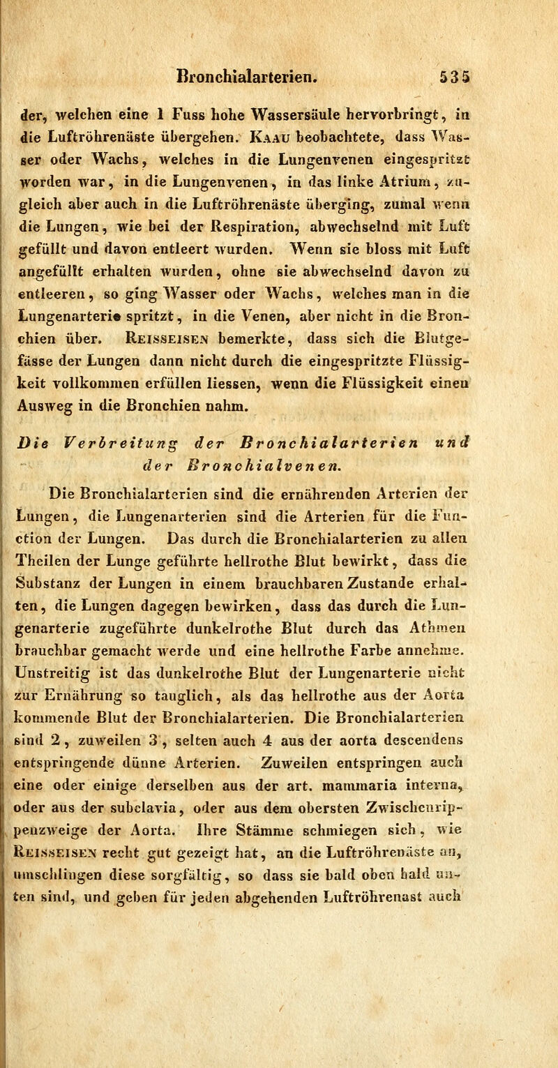 Bronchialarterien. 533 der, welchen eine 1 Fuss hohe Wassersäule hervorbringt, in die Luftröhrenäste übergehen. Kaau beobachtete, dass Was- ser oder Wachs, welches in die Lungenrenen eingespritzt worden war, in die Lungenvenen, in das linke Atrium, zu- gleich aber auch in die Luftröhrenäste überging, zumal wenn die Lungen, wie bei der Respiration, abwechselnd mit Luft gefüllt und davon entleert wurden. Wenn sie bloss mit Luft angefüllt erhalten wurden, ohne sie abwechselnd davon zu entleeren, so ging Wasser oder Wachs, welches man in die liungenarteri« spritzt, in die Venen, aber nicht in die Bron- chien über. Reisseisen bemerkte, dass sich die Blutge- fässe der Lungen dann nicht durch die eingespritzte Flüssig- keit vollkommen erfüllen Hessen, wenn die Flüssigkeit einen Ausweg in die Bronchien nahm. Die Verbreitung der Bronckialarterien und der Bronchiaivenen. Die Bronchialarterien sind die ernährenden Arterien der Lungen, die Lungenarterien sind die Arterien für die Fun- ction der Lungen. Das durch die Bronchialarterien zu allen Theilen der Lunge geführte hellrothe Blut bewirkt, dass die Substanz der Lungen in einem brauchbaren Zustande erhal- ten , die Lungen dagegen bewirken, dass das durch die Lun- genarterie zugeführte dunkelrothe Blut durch das Atbmen brauchbar gemacht werde und eine hellrothe Farbe annehme. Unstreitig ist das dunkelrothe Blut der Lungenarterie nicht zur Ernährung so tauglich, als das hellrothe aus der Aorta kommende Blut der Bronchialarterien. Die Bronchialarterien sind 2, zuweilen 3, selten auch 4 aus der aorta descendens entspringende dünne Arterien. Zuweilen entspringen auch eine oder einige derselben aus der art. mammaria interna,^ oder aus der subclavia, oder aus dem obersten Zwischeurip- penzweige der Aorta. Ihre Stämme schmiegen sich, wie Reisseisen recht gut gezeigt hat, an die Luftröhrenäste an, umschlingen diese sorgfältig, so dass sie bald oben bald un- ten sind, und geben für jeden abgehenden Luftröhrenast auch