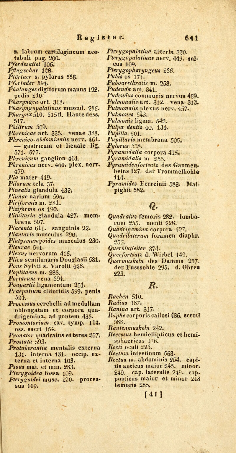 8, labrum eartilaglneam ac«r- tabuli pag. 20CL Pferdesallel 106. Pflugschar 128. Pjörlner s. pylorus 558. Pforlader 894- Phalnnges digitorum manus 192- pedis 2lO. Pharyngea art. 318. Pharyngopalalinus muscul. 2S6. Pharynx [)iO. 515 fl. Häute dess. 517. Philtrum 509. Phrenicae art. 335. renae 388. Phrenico- abdominalis nerv. 46l. — gastricum et lienale lig. 571. 577. Phrenicum ganglion 461. Pkrenicus nerv. 460. plex. nerv. 479. Pia mater 419. Pilorum tela 37. Pinealis glandula 432« Pinnae iiariuni 506. Piriformis m. 28l. Pisi/orme os 190. Piüiitaria glandula 427« mem- brana 507. Placenta 6ll. sanguinis 22. Plantaris niusculus 290. Platysmamyoides niuaculus 230. Pleurae 541. Plexus nervoruni 416. Plica semilunarisDouglasii 581. Pons Sylvii s. Varolii 426. Poplitaeus ni. 288. Portarum vena S94. Poupartii ligamentuni 25l. Praeputium clitoridis 5S9* penJs 59i. Processus cerebelli ad medullam oblongatam et corpora qua- drigeriiina, ad pontem 43j- Promontorium cav. tynip. ll4. OS.S. sacri 154. Pronator quadratus etteres 267. Prostata 593. Proluberanlia mentalis externa 131. interna 131. üccip. ex- terna et interna lOo. Psoas mai. et min. 283* Pterygoidea fossa 109. Pierygoidei musc« 2'Ö0. proces- SU3 109. Pterygopalatimt arterln BfO. Pterygopalatinus nerv. 449. sul- cus 109. Pterygopharyngeus 236. Puhis OS 17). Pubouretkralis m. 258. Pudenda ajt. 341. Pudendus communis nerrus 469. Pulmonalis art. 312. vena 3l3. Pubnonalis piexus nerv, 457. Puhnones 5^3. Pulmonis ligam. 542. Pulpa dentis 40. 134. Papilla 501. Papillaris membrana 505. Pylorus 558. PyramidaUa corpora 425« Pyramidalis m 255. Pyramidenfortsatz des Gaumen» beins 127. der Trommelhöhla 114. Pyramides Ferreinii 583. Mal- pighii 582. Quadratus femoris 282. lumbo- rum 255. nienti 228. Quadrigemina corpora 427. Quadrilalerum foramen diaphr. 256. Querblutleiter 374. Querfortaaiz d. W irbel 149. Quermuskeln des Damms 257. der Fusssohle 295» d. Ohre» 223. R. Rachen 510. Radius 187. Ranina art. 317» iifa/;/ie corporis caliosi436. scroti 588. Rautenmuskeln 242. Recessus heiniellipticus ethemi- sphacricus 116. Recti oculi i;25. Rectum intestinum 563. Reclus ni. abdominis 254. capi* tis anticus niaior 245. minor. 249. cap. lateralis 249. cap. posticus niaior et minor 2iS iemoris 285. [41]