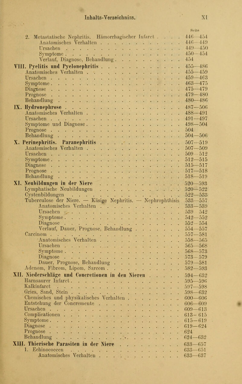 Seit« 2. Metastatische Nephritis. Hämorrhagischer fufarcl 446 454 Anatomisches Verhalten 446 149 Ursachen 449 150 Symptome 450 154 Verlauf, Diagnose, Behandlung 454 VIII. Pyelitis und Pyelonephritis 455 486 Anatomisches Verhalten 455—459 Ursachen ' 459—463 Symptome 463—475 Diagnose 475—479 Prognose 479—180 Behandlung 480—486 IX. Hydronephrose 487—506 Anatomisches Verhalten ' 488—491 Ursachen 491—497 Symptome und Diagnose 498—504 Prognose 504 Behandlung 504—506 X. Perinephritis. Paranepliritis 507—519 Anatomisches Verhalten 507—509 Ursachen 509 512 Symptome 512—515 Diagnose 515—517 Prognose 517—518 Behandlung 518—519 XI. Neubildungen in der Niere 520—593 Lymphatische Neubildungen 520—522 Cystenbildungen .522—533 Tuberculose der Niere. — Käsige Nephritis. — Nephrophthisis 533—557 Anatomisches Verhalten 533—539 Ursachen .„ 539 542 Symptome 542—552 Diagnose 552—554 Verlauf, Dauer, Prognose, Behandlung 554—557 Carcinom 557—581 'Anatomisches Verhalten 558—565 Ursachen 565—568 Symptome 568—573 Diagnose 573—579 Dauer, Prognose, Behandlung 579—581 Adenom, Fibrom, Lipom, Sarcom 582—593 XII. Niederschläge und Concretionen in den Nieren 594—632 Harnsaurer Infarct. 595—596 Kalkinfarct 597—598 Gries, Sand, Stein 598—632 Chemisches und physikalisches Verhalten 600—606 Entstehung der Concremente 606—609 Ursachen . 609—613 Complicationen 613-615 Symptome 615—619 Diagnose 619—624 Prognose .624 Behandlung 624—632 XIII. Thierische Parasiten in der Niere 633—657 1. Echinococcen 633—651 Anatomisches Verhalten . . 633—637