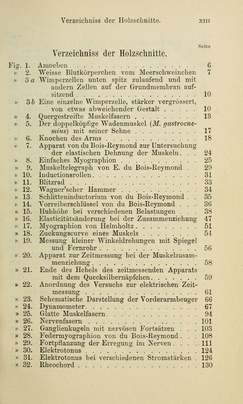 Seite Verzeichniss der Holzschnitte. Fig. 1. Amoeben 6 » 2. Weisse Blutkörperchen vom Meerschweinchen 7 » 3 a Wimperzellen unten spitz zulaufend und mit andern Zellen auf der Grundmembran auf- sitzend 10 » 3b Eine einzelne Wimperzelle, stärker vergrössert, von etwas abweichender Gestalt 10 » 4. Quergestreifte Muskelfasern 13 » 5. Der doppelköpfige Wadenmuskel (M. gastrocne- mius) mit seiner Sehne ......... 17 » 6. Knochen des Arms 18 » 7. Apparat von du Bois-Reymond zur Untersuchung der elastischen Dehnung der Muskeln. . . 24 » 8. ' Einfaches Myographion 25 » 9. Muskeltelegraph von E. du Bois-Reymond . . 29 » 10. Inductionsrollen 31 » 11. Blitzrad 33 » 12. Wagner'scher Hammer . . . 34 » 13. Schlitteninductorium von du Bois-Reymond . . 35 » 14. Vorreiberschlüssel von du Bois-Reymond ... 36 » 15. Hubhöhe bei verschiedenen Belastungen ... 38 » 16. Elasticitätsänderung bei der Zusammenziehung 47 » 17. Myographion von Helmholtz 51 » 18. Zuckungscurve eines Muskels 54 )> 19. Messung kleiner Winkeldrehungen mit Spiegel und Fernrohr 56 » 20. Apparat zur Zeitmessung bei der Muskelzusam- menziehung . 58 » 21. Ende des Hebels des zeitmessenden Apparats mit dem Quecksilbernäpfchen 59 » 22. Anordnung des Versuchs zur elektrischen Zeit- messung 61 » 23. Schematische Darstellung der Vorderarmbeuger 6Q » 24. Dynamometer 67 » 25. Glatte Muskelfasern 94 » 26. Nervenfasern 101 » 27. Ganglienkugeln mit nervösen Fortsätzen . . . 103 » 28. Federmyographion von du Bois-Reymond . . . 108 » 29. Fortpflanzung der Erregung im Nerven . . . . ■ 111 » 30. Elektrotonus 124 » 31. Elektrotonus bei verschiedenen Stromstärken . 126 » 32. RheochoTd 130