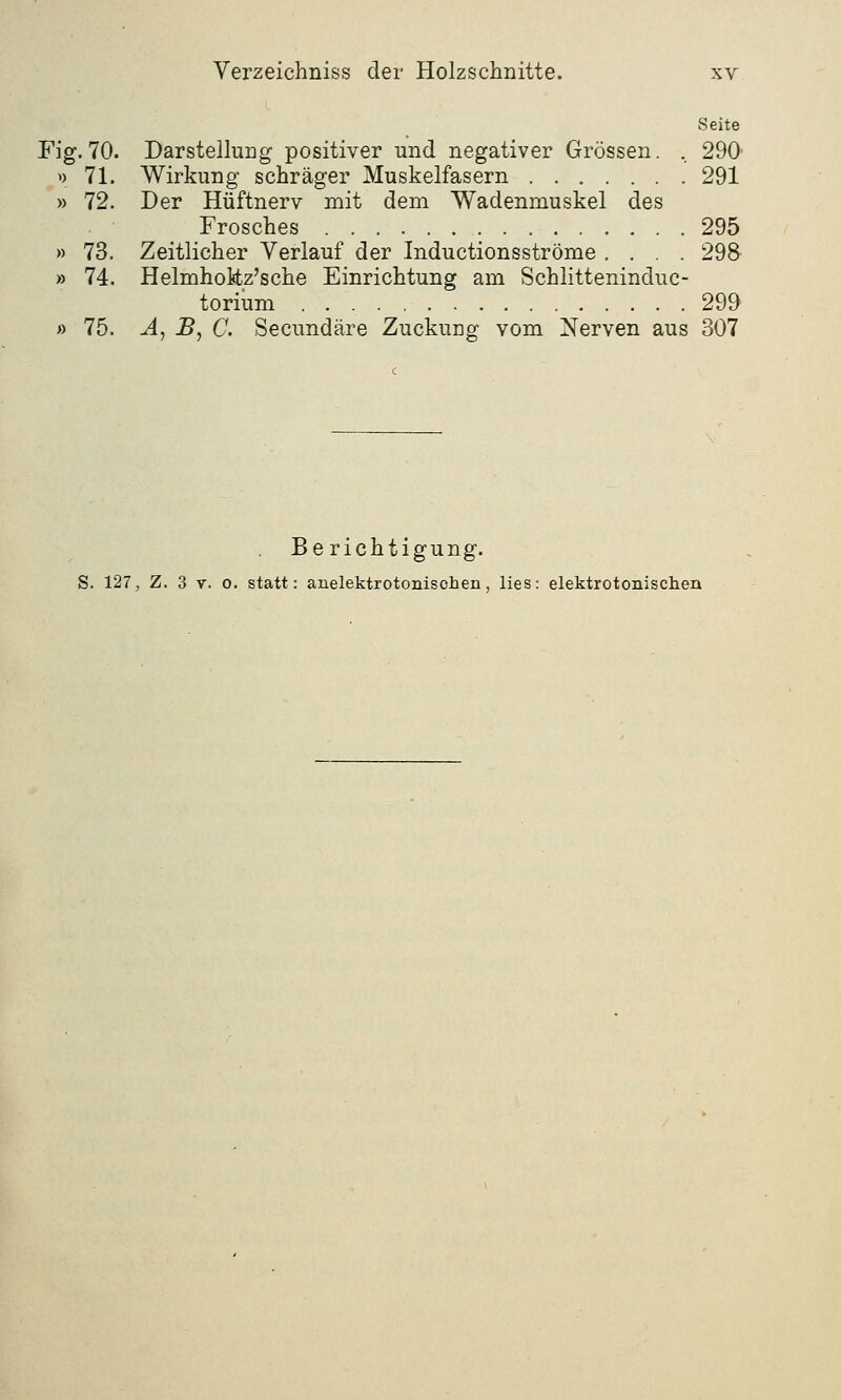 Seite Fig. 70. Darstellung positiver und negativer Grössen. . 290' » 71. Wirkung schräger Muskelfasern 291 » 72. Der Hüftnerv mit dem Wadenmuskel des Frosches 295 » 73. Zeitlicher Verlauf der Inductionsströme .... 29S » 74. Helmholtz'sche Einrichtung am Schlitteninduc- torium 299 » 75. A, JB, C. Secundäre Zuckimg vom Nerven aus 307 . Berichtigung. S. 127, Z. 3 v. o. statt: anelektrotonisohen, lies: elektrotonischen