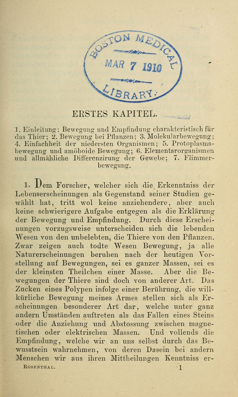 ERSTES KAPITEL. 1. Einleitung: Bewegung und Empfindung charakteristisch für das Thier; 2. Bewegung bei Pflanzen; 3. Molekularbewegung; 4. Einfachheit der niedersten Organismen; 5. Protoplasma- bewegung und amöboide Bewegung; 6. Elementarorganismen und allmähliche Differenzirung der Gewebe; 7. Flimmer- bewegung. 1. Dem Forscher, welcher sich die. Erkenntniss der Lebenserscheinungen als Gegenstand seiner Studien ge- wählt hat, tritt wol keine anziehendere, aber auch keine schwierigere Aufgabe entgegen als die Erklärung der Bewegung und Empfindung. Durch diese Erschei- nungen vorzugsweise unterscheiden sich die lebenden Wesen von den unbelebten, die Thiere von den Pflanzen. Zwar zeigen auch todte Wesen Bewegung, ja alle Naturerscheinungen beruhen nach der heutigen Vor- stellung auf Bewegungen, sei es ganzer Massen, sei es der kleinsten Theilchen einer Masse. Aber die Be- wegungen der Thiere sind doch von anderer Art. Das Zucken eines Polypen infolge einer Berührung, die will- kürliche Bewegung meines Armes stellen sich als Er- scheinungen besonderer Art dar, welche unter ganz andern Umständen auftreten als das Fallen eines Steins •oder die Anziehung und Abstossung zwischen magne- tischen oder elektrischen Massen. Und vollends die Empfindung, welche wir an uns selbst durch das Be- wusstsein wahrnehmen, von deren Dasein bei andern Menschen wir aus ihren Mittheilungen Kenntniss er-