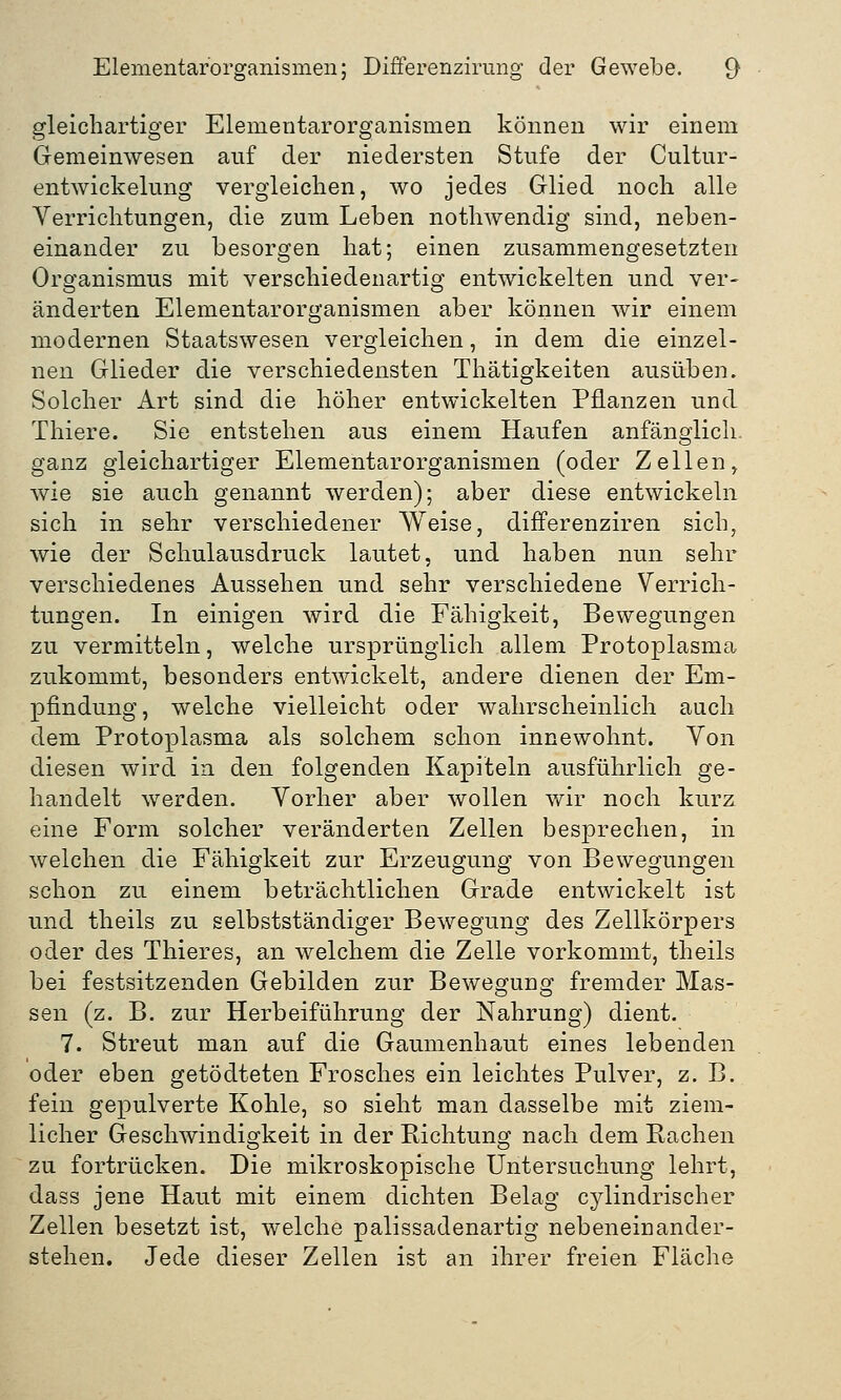 gleichartiger Elementarorganismen können wir einem Gemeinwesen auf der niedersten Stufe der Cultur- entwickelung vergleichen, wo jedes Glied noch alle Verrichtungen, die zum Leben nothwendig sind, neben- einander zu besorgen hat; einen zusammengesetzten Organismus mit verschiedenartig entwickelten und ver- änderten Elementarorganismen aber können wir einem modernen Staatswesen vergleichen, in dem die einzel- nen Glieder die verschiedensten Thätigkeiten ausüben. Solcher Art sind die höher entwickelten Pflanzen und Thiere. Sie entstehen aus einem Haufen anfänglich, ganz gleichartiger Elementarorganismen (oder Zellen, wie sie auch genannt werden); aber diese entwickeln sich in sehr verschiedener Weise, differenziren sich, wie der Schulausdruck lautet, und haben nun sehr verschiedenes Aussehen und sehr verschiedene Verrich- tungen. In einigen wird die Fähigkeit, Bewegungen zu vermitteln, welche ursprünglich allem Protoplasma zukommt, besonders entwickelt, andere dienen der Em- pfindung, welche vielleicht oder wahrscheinlich auch dem Protoplasma als solchem schon innewohnt. Von diesen wird in den folgenden Kapiteln ausführlich ge- handelt werden. Vorher aber wollen wir noch kurz eine Form solcher veränderten Zellen besprechen, in welchen die Fähigkeit zur Erzeugung von Bewegungen schon zu einem beträchtlichen Grade entwickelt ist und theils zu selbstständiger Bewegung des Zellkörpers oder des Thieres, an welchem die Zelle vorkommt, theils bei festsitzenden Gebilden zur Bewegung fremder Mas- sen (z. B. zur Herbeiführung der Nahrung) dient. 7. Streut man auf die Gaumenhaut eines lebenden oder eben getödteten Frosches ein leichtes Pulver, z. B. fein gepulverte Kohle, so sieht man dasselbe mit ziem- licher Geschwindigkeit in der Richtung nach dem Rachen zu fortrücken. Die mikroskopische Untersuchung lehrt, dass jene Haut mit einem dichten Belag cylindrischer Zellen besetzt ist, welche palissadenartig nebeneinander- stehen. Jede dieser Zellen ist an ihrer freien Fläche