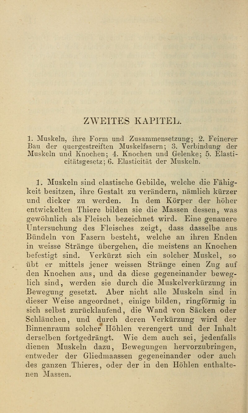ZWEITES KAPITEL. 1. Muskeln, ihre Form und Zusammensetzung; 2. Feinerer Bau der quergestreiften Muskelfasern; 3. Verbindung der Muskeln und Knochen; 4. Knochen und Gelenke; 5. Elasti- citätsgesetz; 6. Elasticität der Muskeln. 1. Muskeln sind elastische Gebilde, welche die Fähig- keit besitzen, ihre Gestalt zu verändern, nämlich kürzer und dicker zu werden. In dem Körper der höher entwickelten Thiere bilden sie die Massen dessen, was gewöhnlich als Fleisch bezeichnet wird. Eine genauere Untersuchung des Fleisches zeigt, dass dasselbe aus Bündeln von Fasern besteht, welche an ihren Enden in weisse Stränge übergehen, die meistens an Knochen befestigt sind. Verkürzt sich ein solcher Muskel, so übt er mittels jener weissen Stränge einen Zug auf den Knochen aus, und da diese gegeneinander beweg- lich sind, werden sie durch die Muskelverkürzung in Bewegung gesetzt. Aber nicht alle Muskeln sind in dieser Weise angeordnet, einige bilden, ringförmig in sich selbst zurücklaufend, die Wand von Säcken oder Schläuchen, und durch deren Verkürzung wird der Binnenraum solcher Höhlen verengert und der Inhalt derselben fortgedrängt. Wie dem auch sei, jedenfalls dienen Muskeln dazu, Bewegungen hervorzubringen, entweder der Gliedmaassen gegeneinander oder auch des ganzen Thieres, oder der in den Höhlen enthalte- nen Massen.